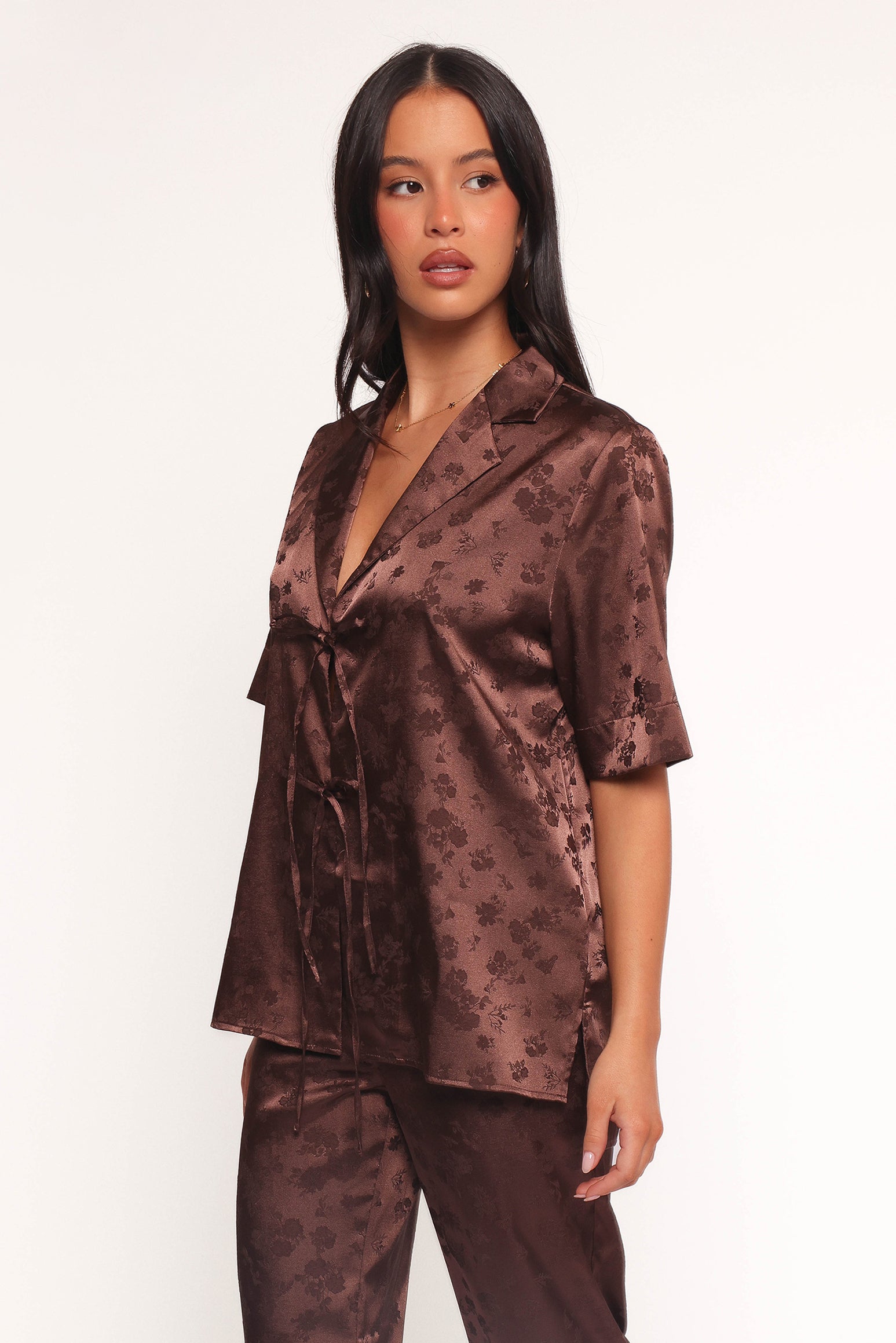 TOPS Aaliyah Satin Tie Front Top - Chocolate