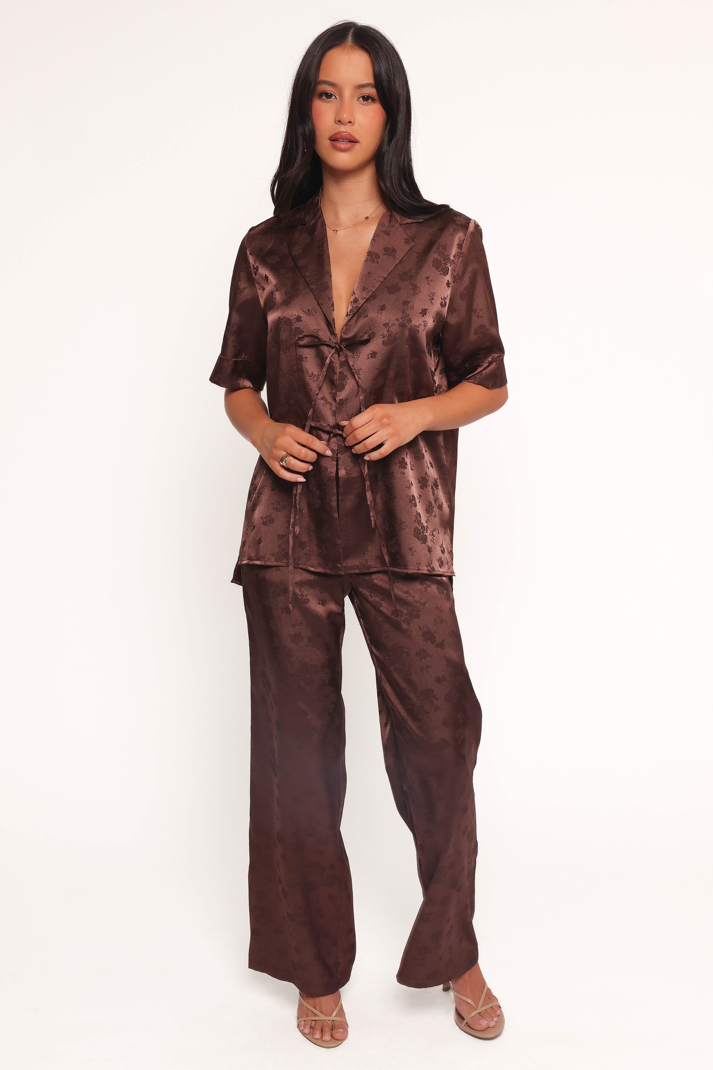 TOPS Aaliyah Satin Tie Front Top - Chocolate