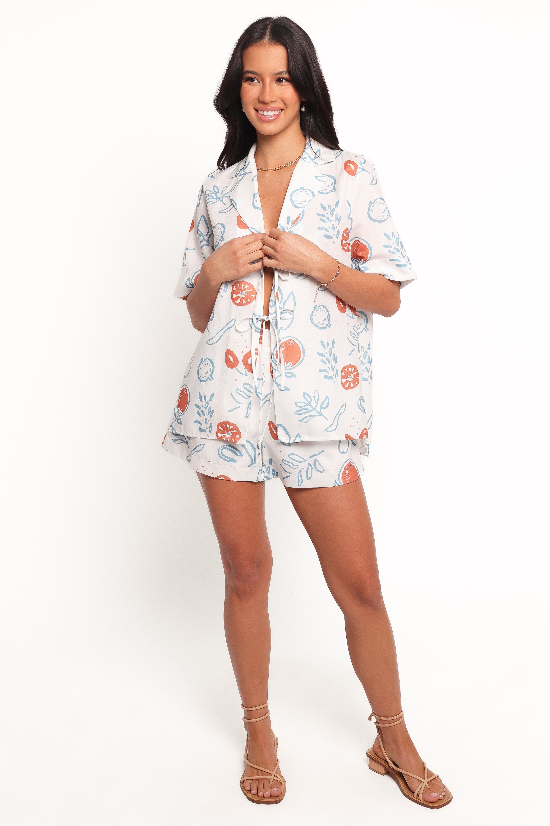 TOPS Aaliyah Tie Front Top - Blue Cream