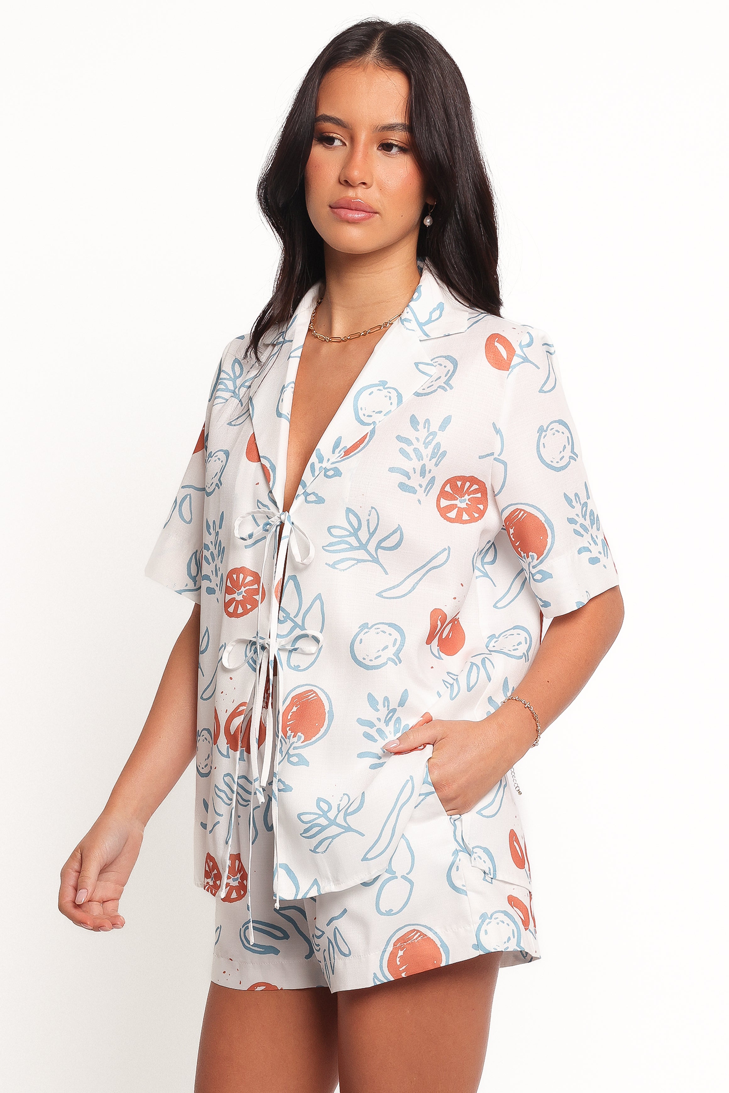 TOPS Aaliyah Tie Front Top - Blue Cream