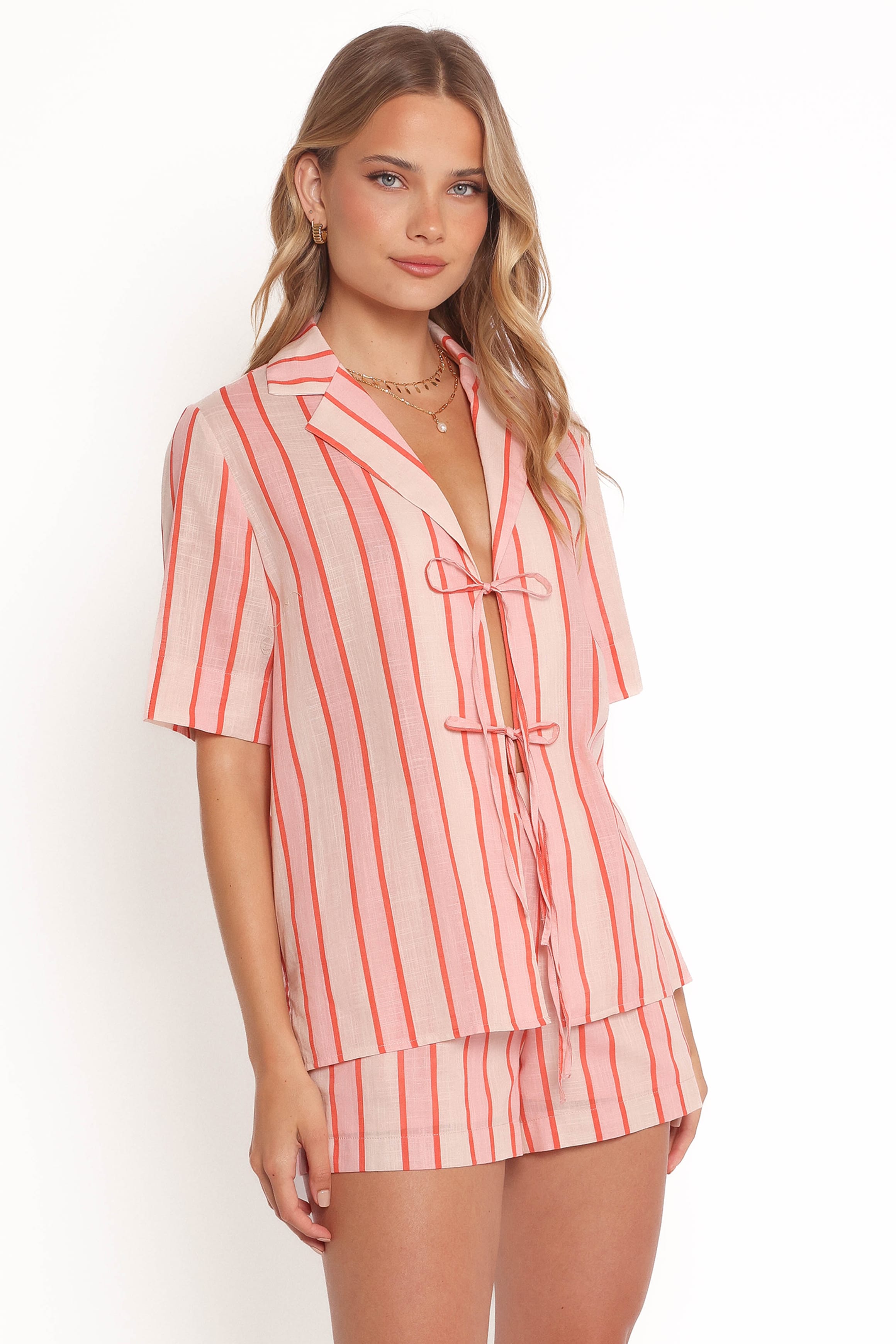 TOPS Aaliyah Tie Front Top - Pink Stripe