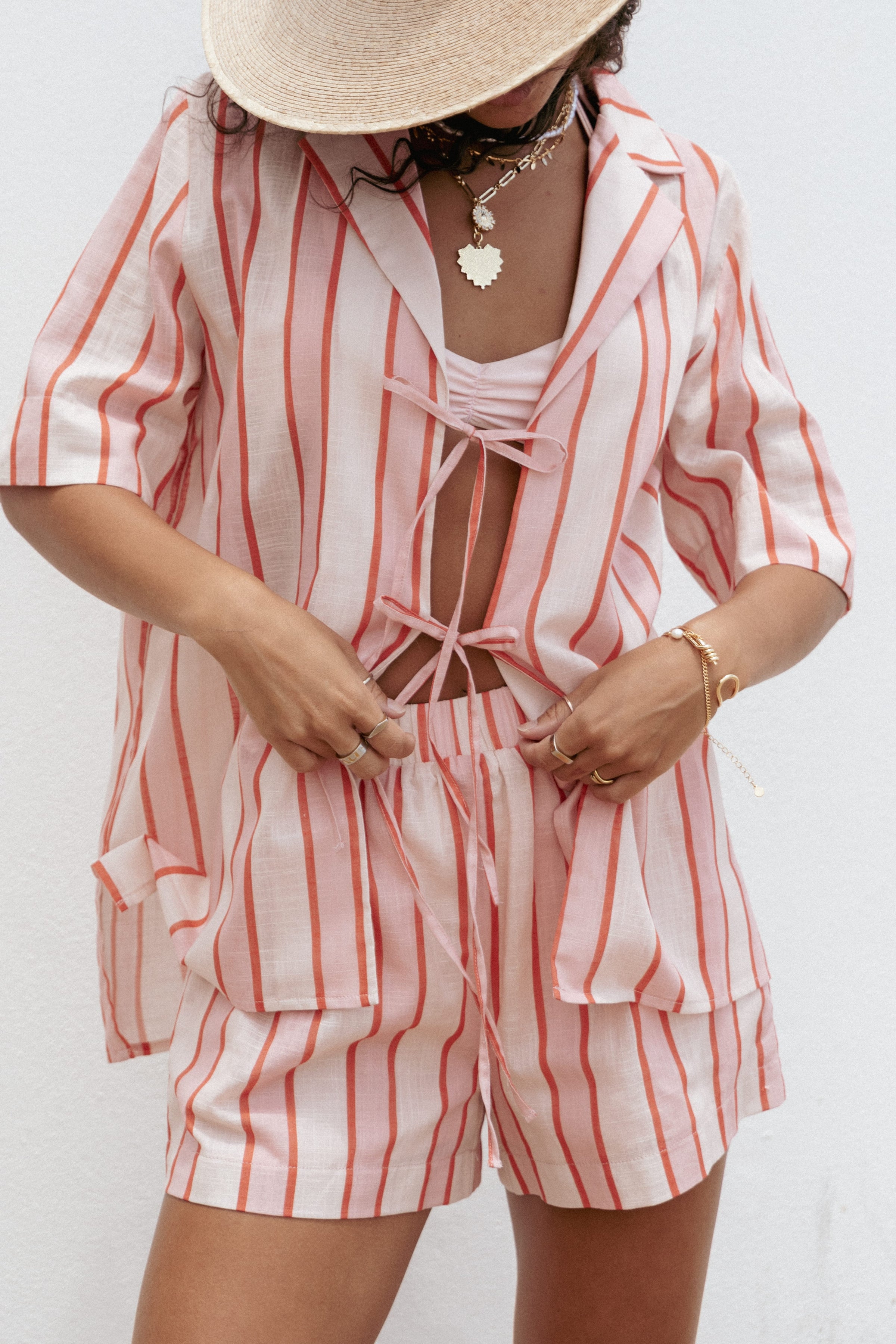 TOPS Aaliyah Tie Front Top - Pink Stripe