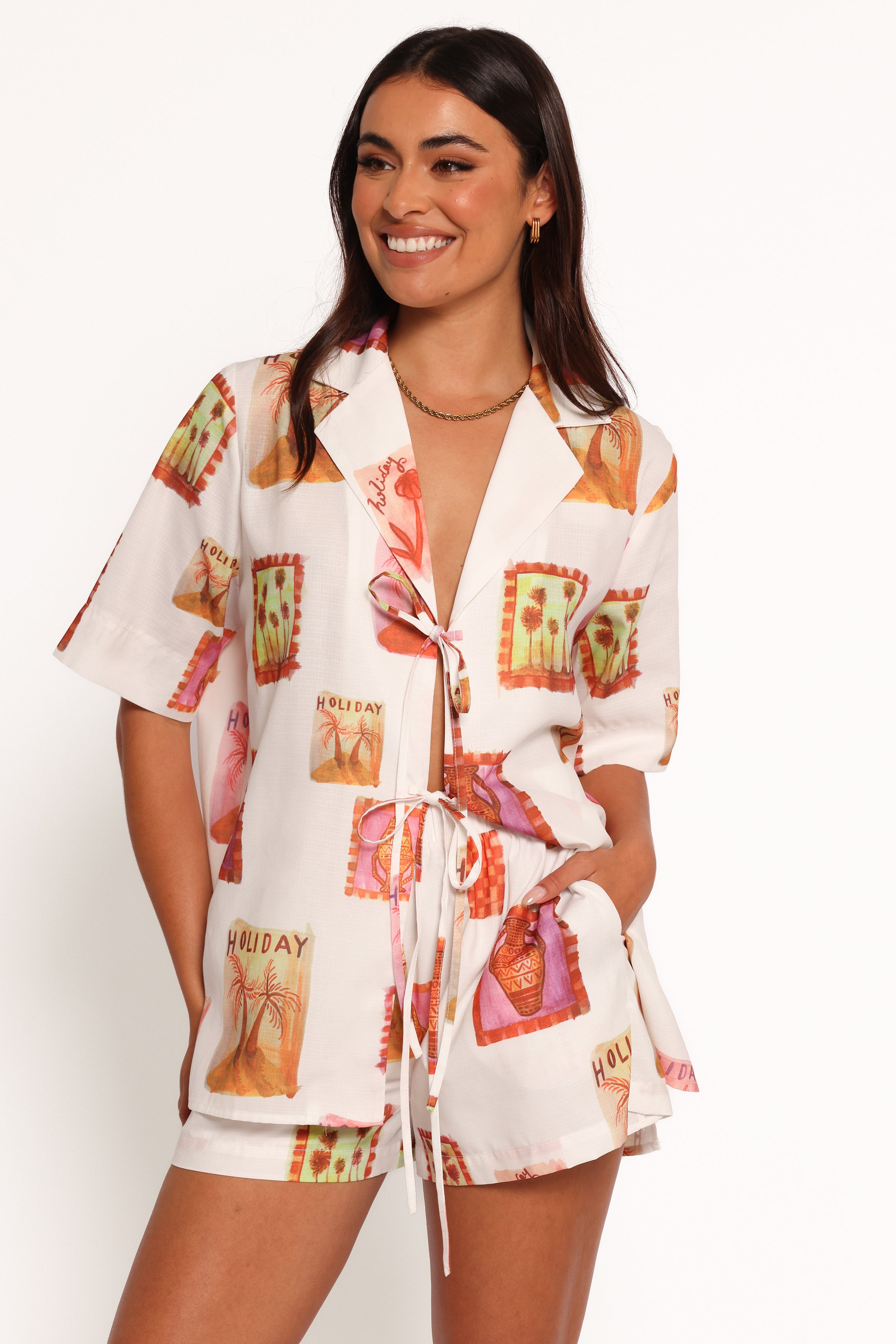 TOPS Aaliyah Tie Front Top - White Multi