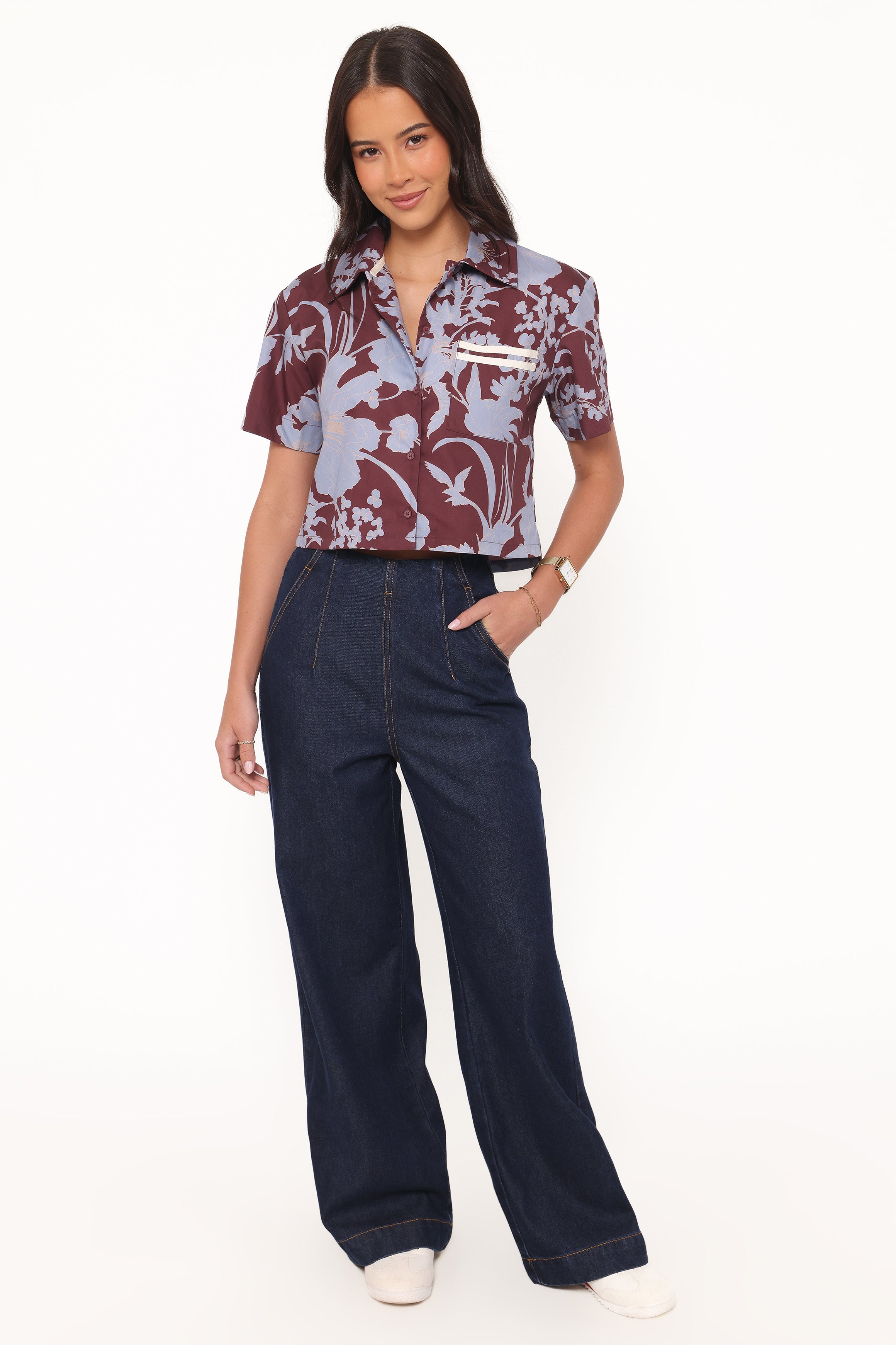 TOPS Aine Cropped Short Sleeve Shirt - Burgundy Floral
