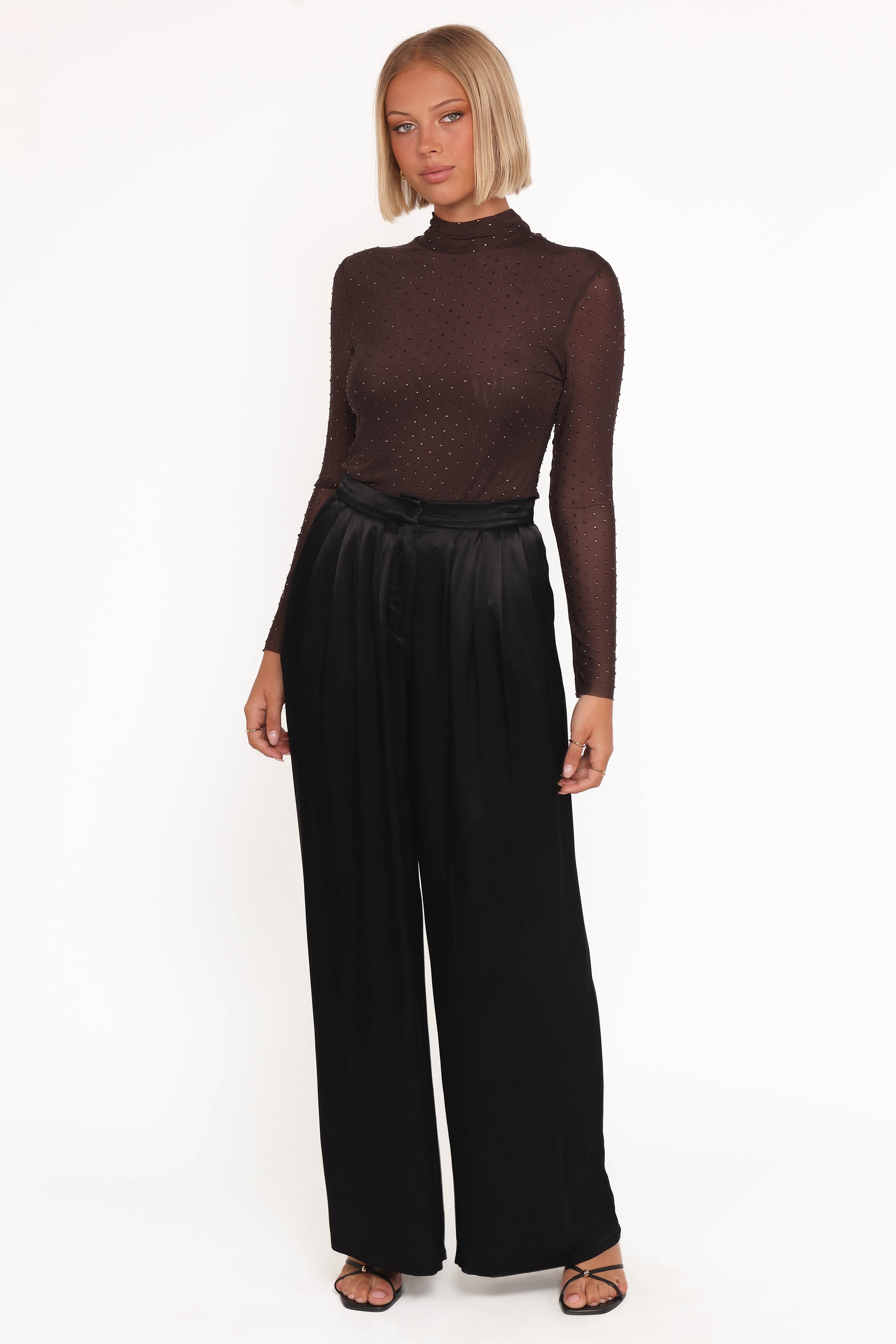 TOPS Alejandra Embellished Mesh Top - Dark Chocolate