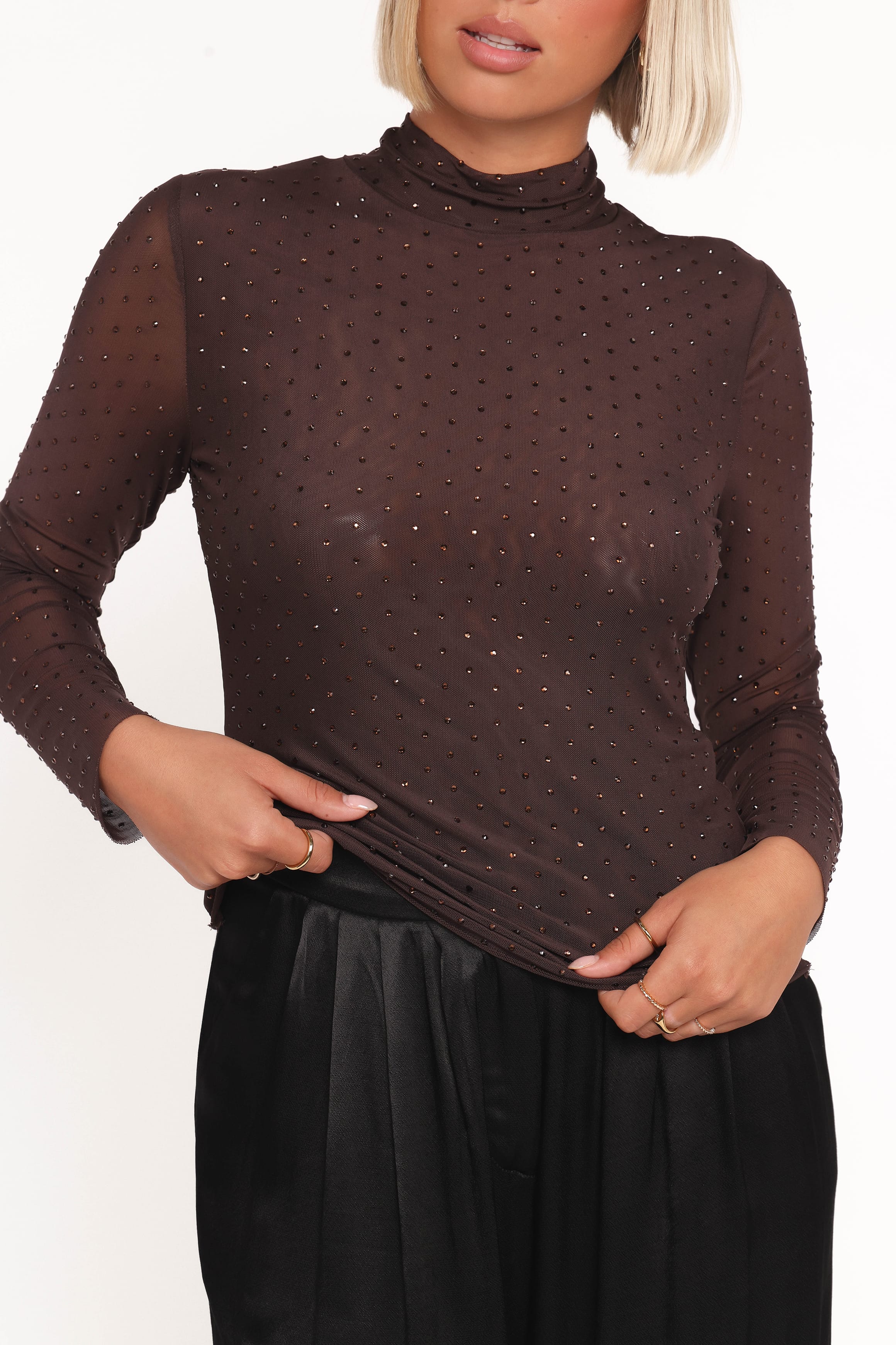 TOPS Alejandra Embellished Mesh Top - Dark Chocolate