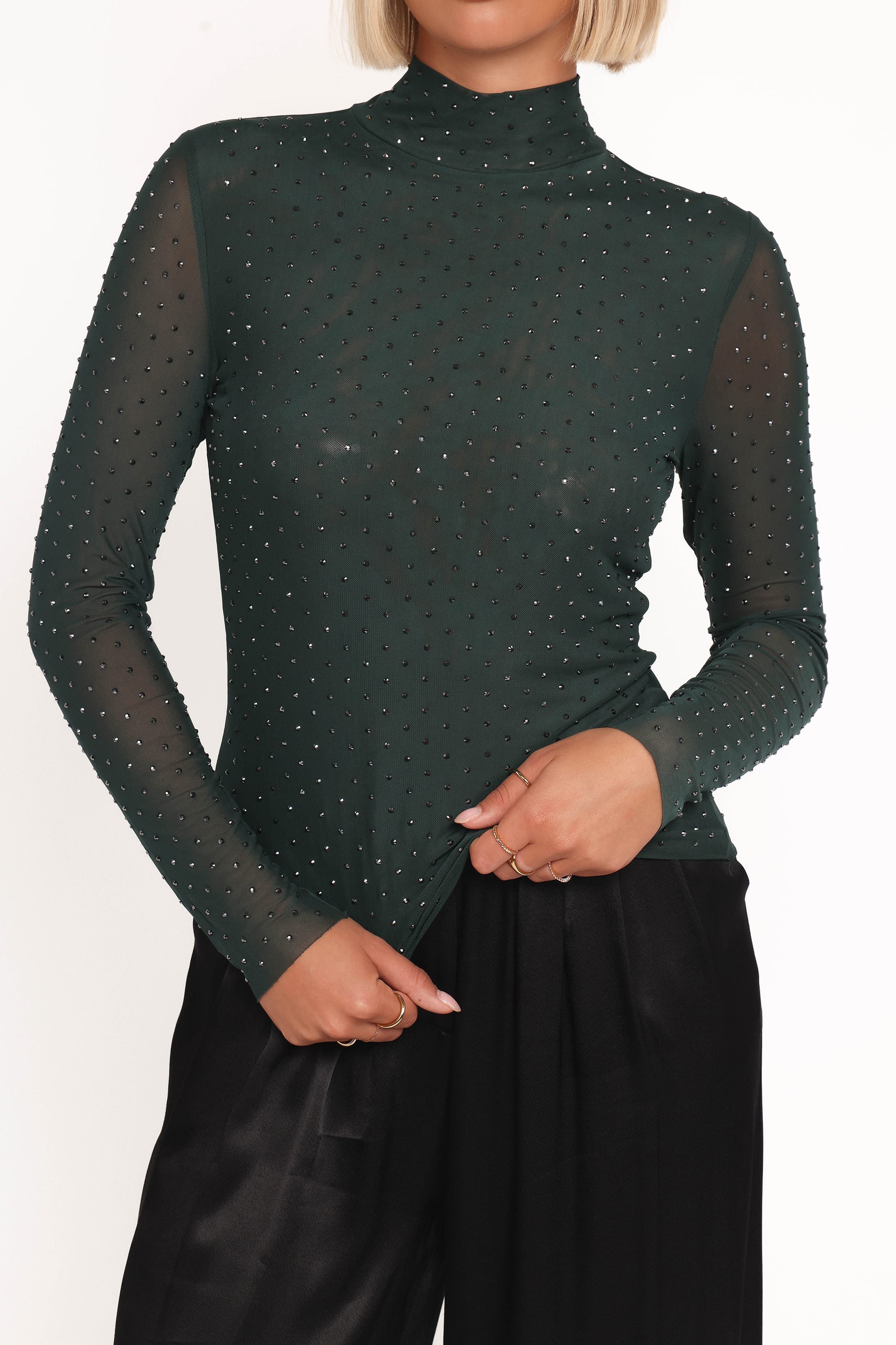 TOPS Alejandra Embellished Mesh Top - Hunter Green