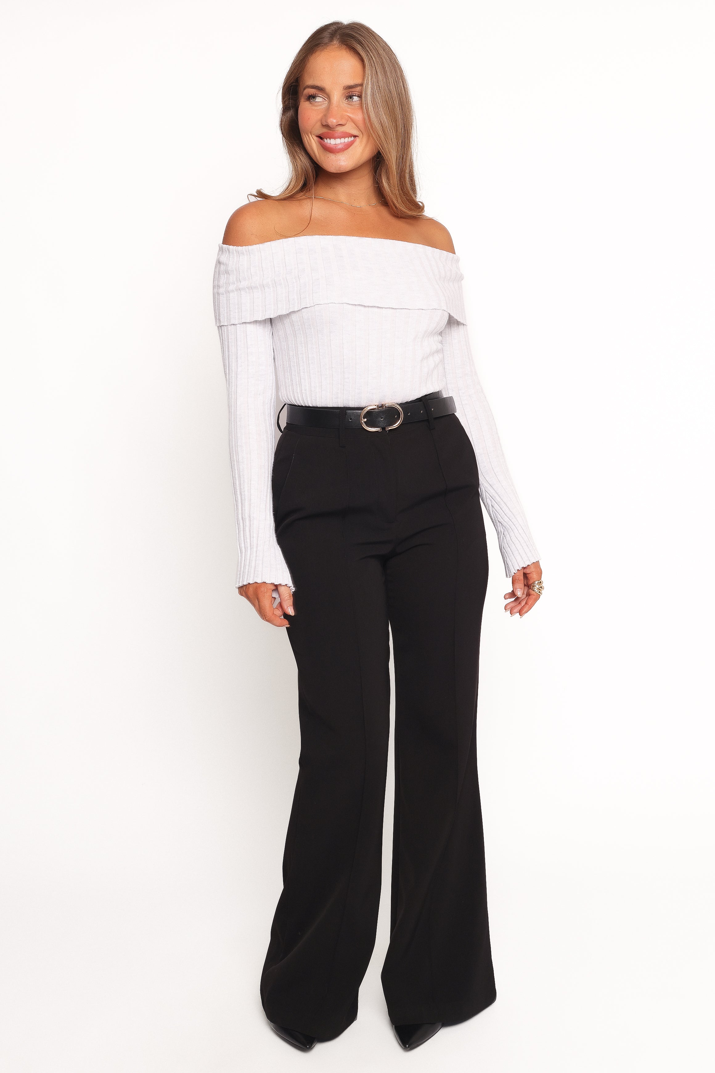 TOPS Anderson Wide Rib Off Shoulder Top - Pastel Grey