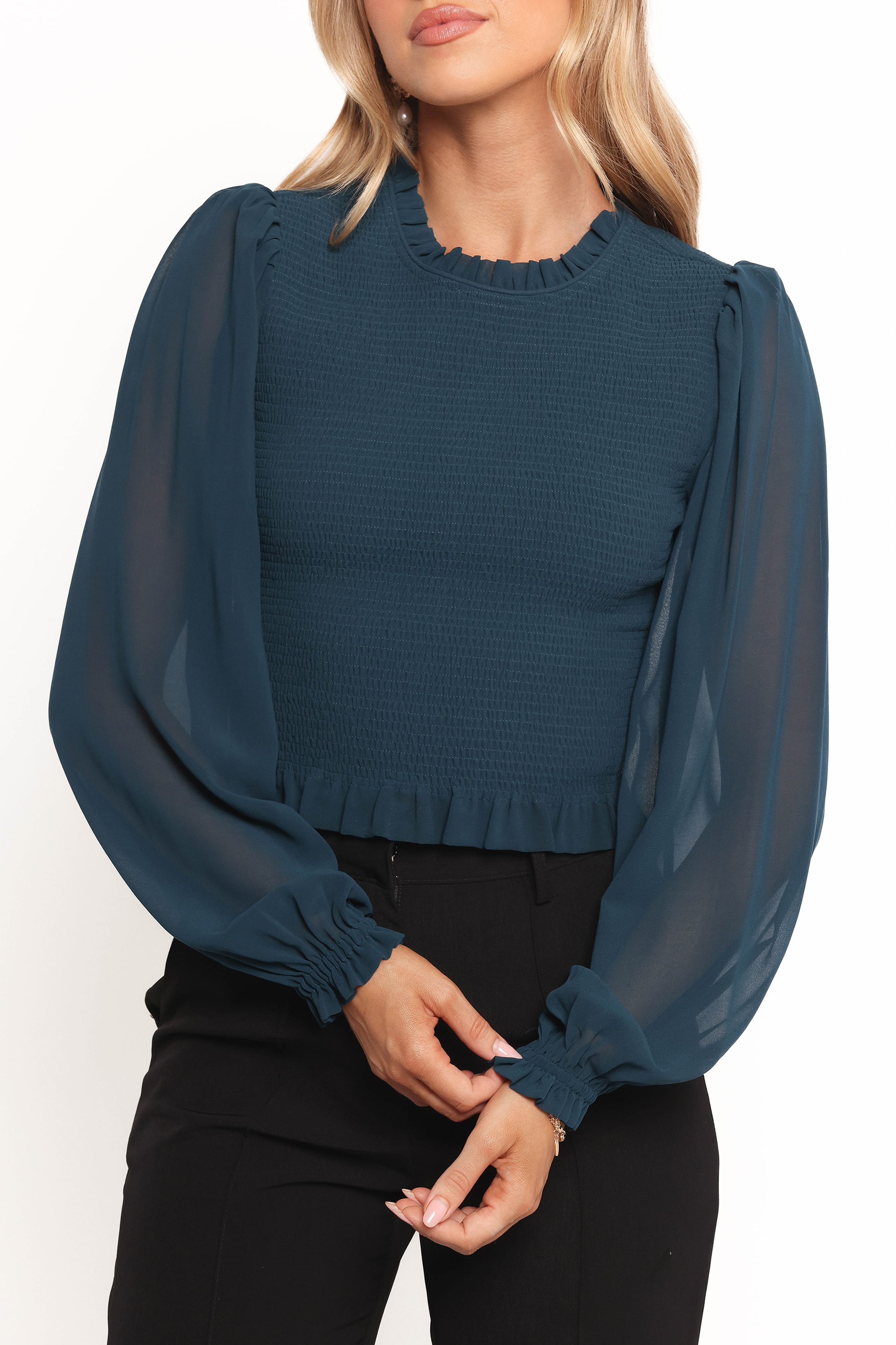 TOPS Aranha Sheer Sleeve Top - Dark Blue