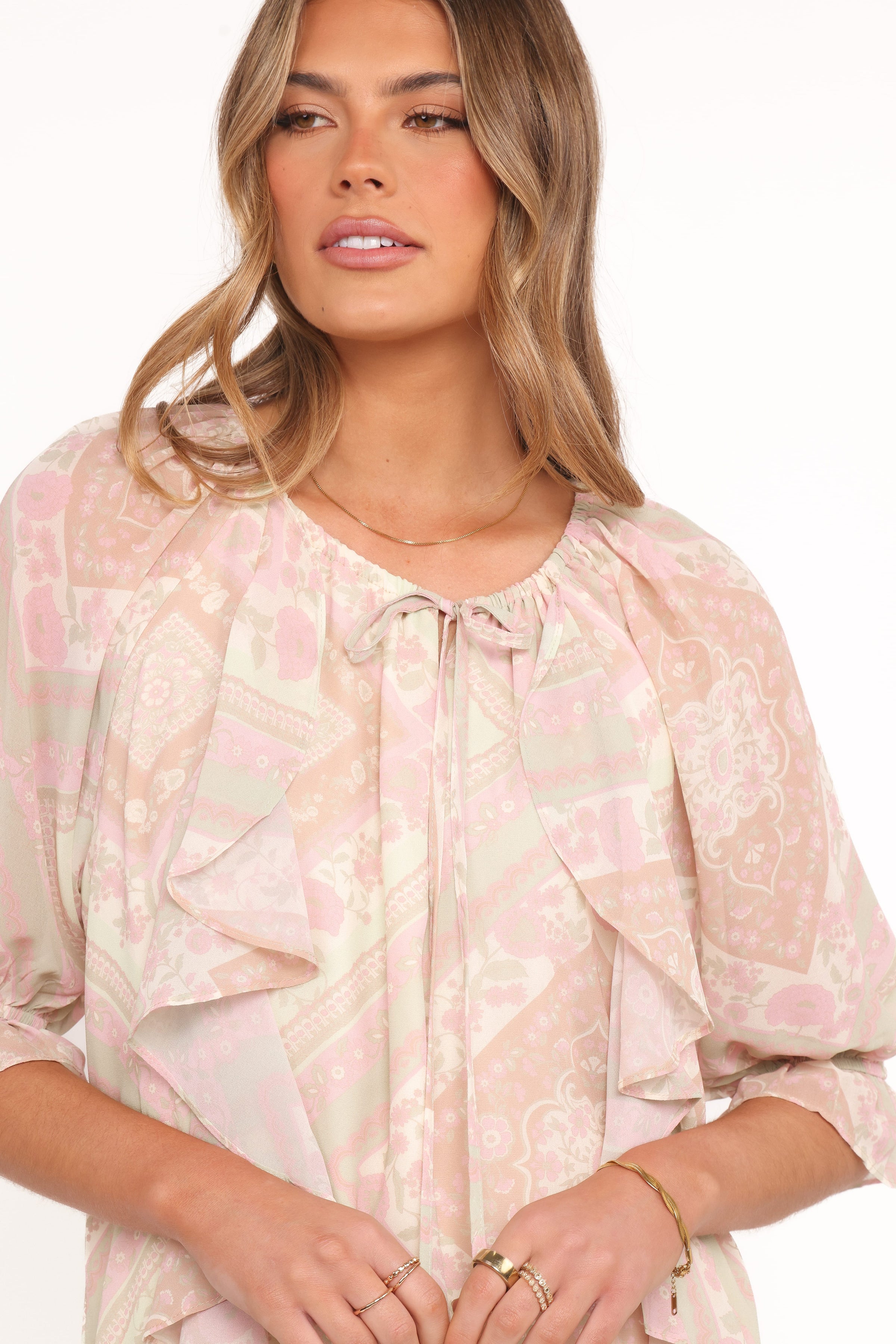 TOPS Arletta Ruffle Top - Sage Paisley