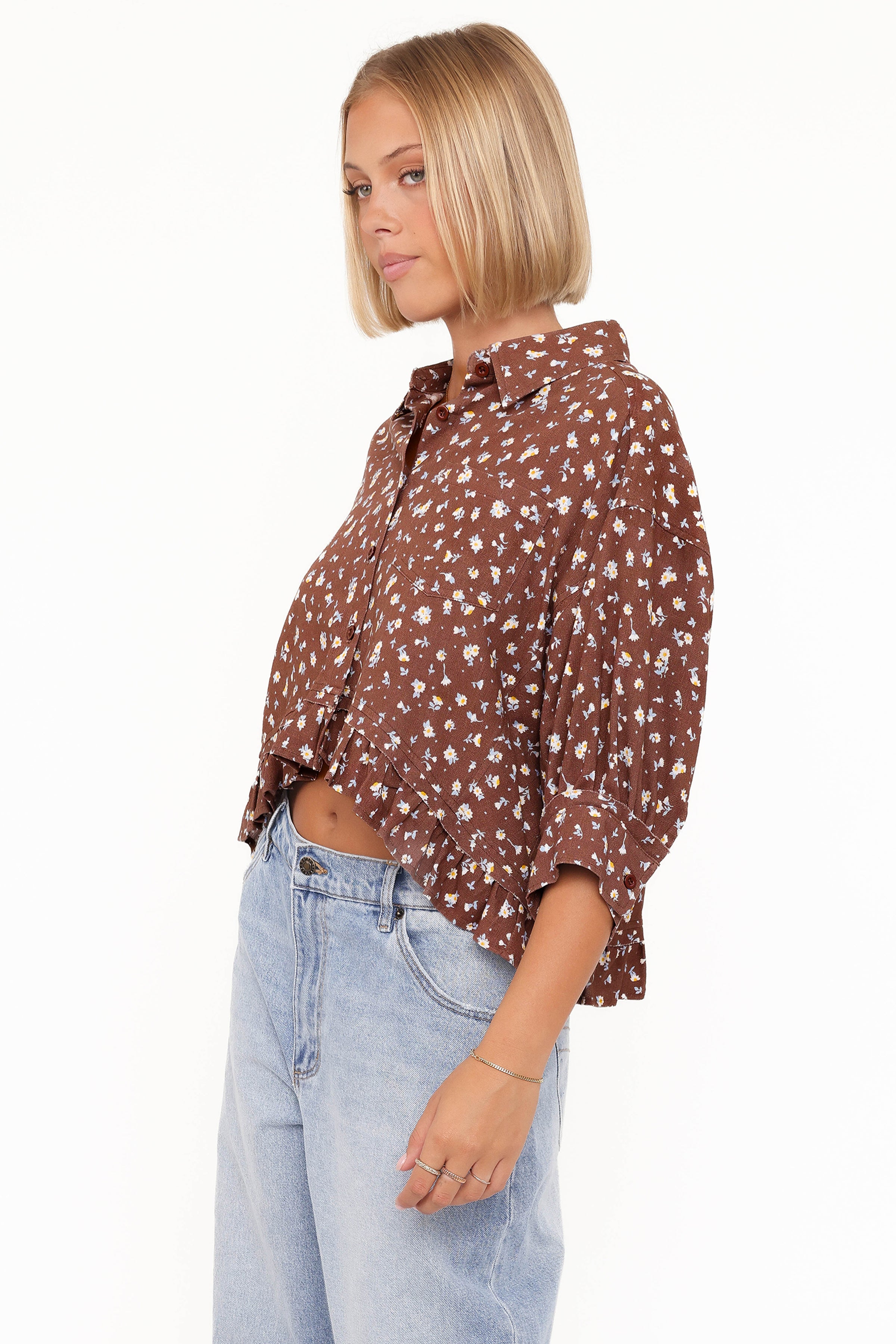 TOPS Ashe Cropped Button Up Top - Brown Floral