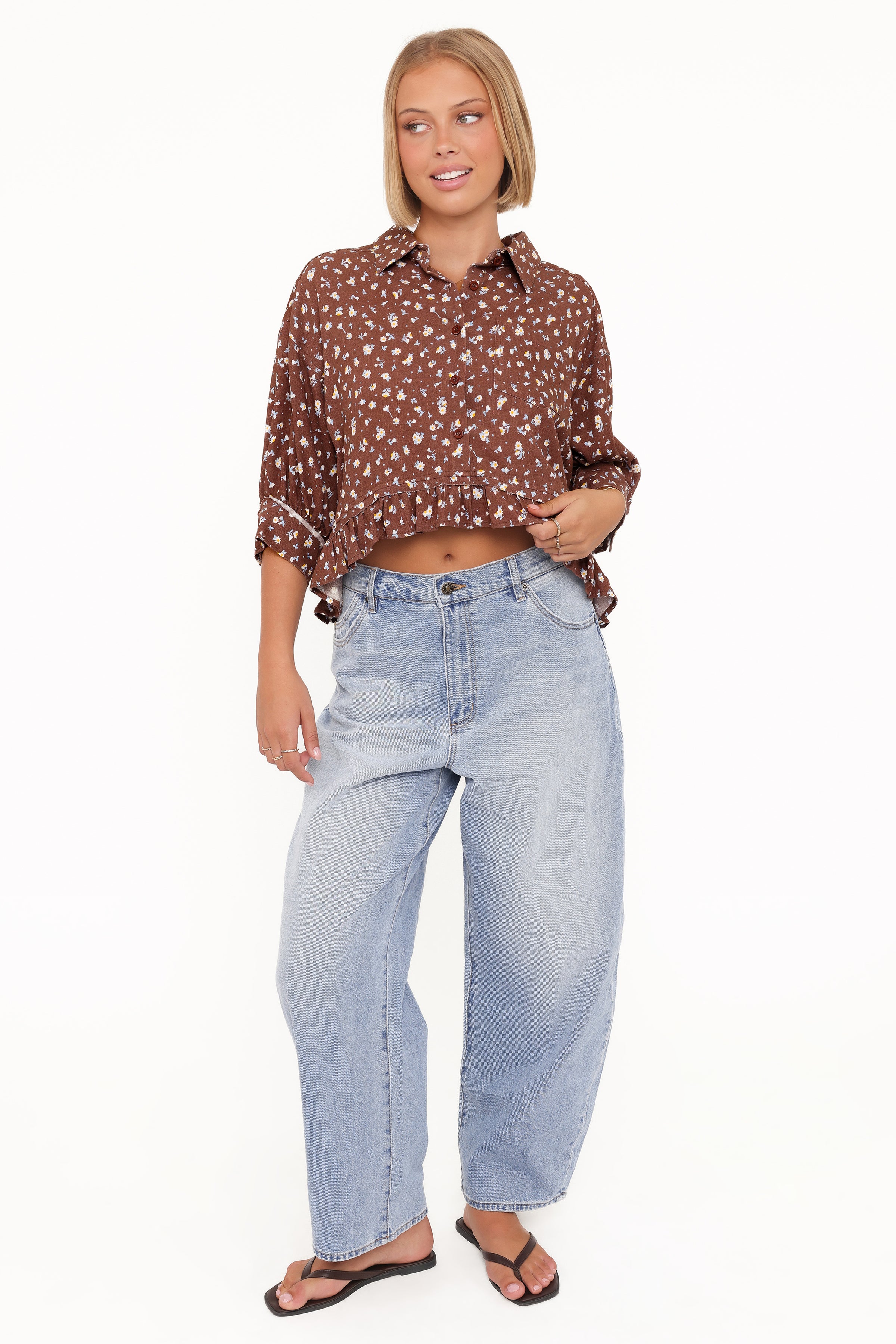 TOPS Ashe Cropped Button Up Top - Brown Floral