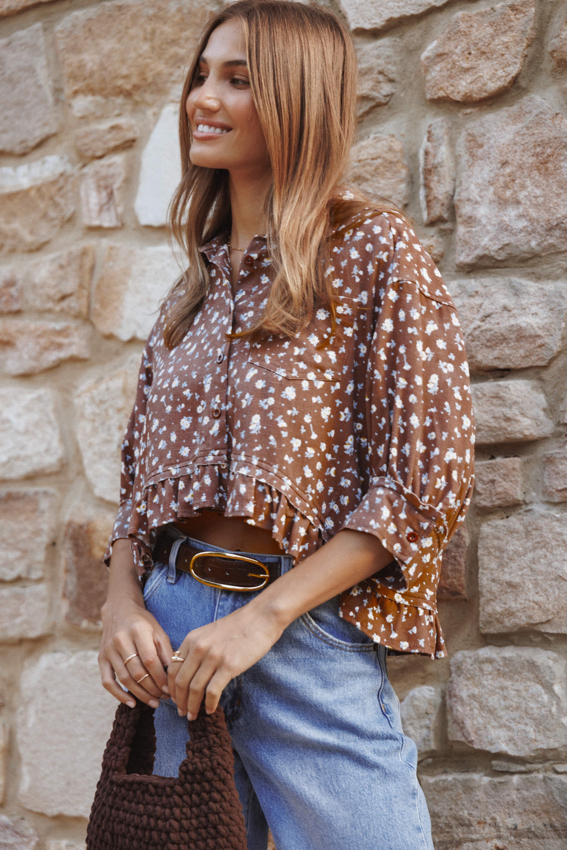 TOPS Ashe Cropped Button Up Top - Brown Floral