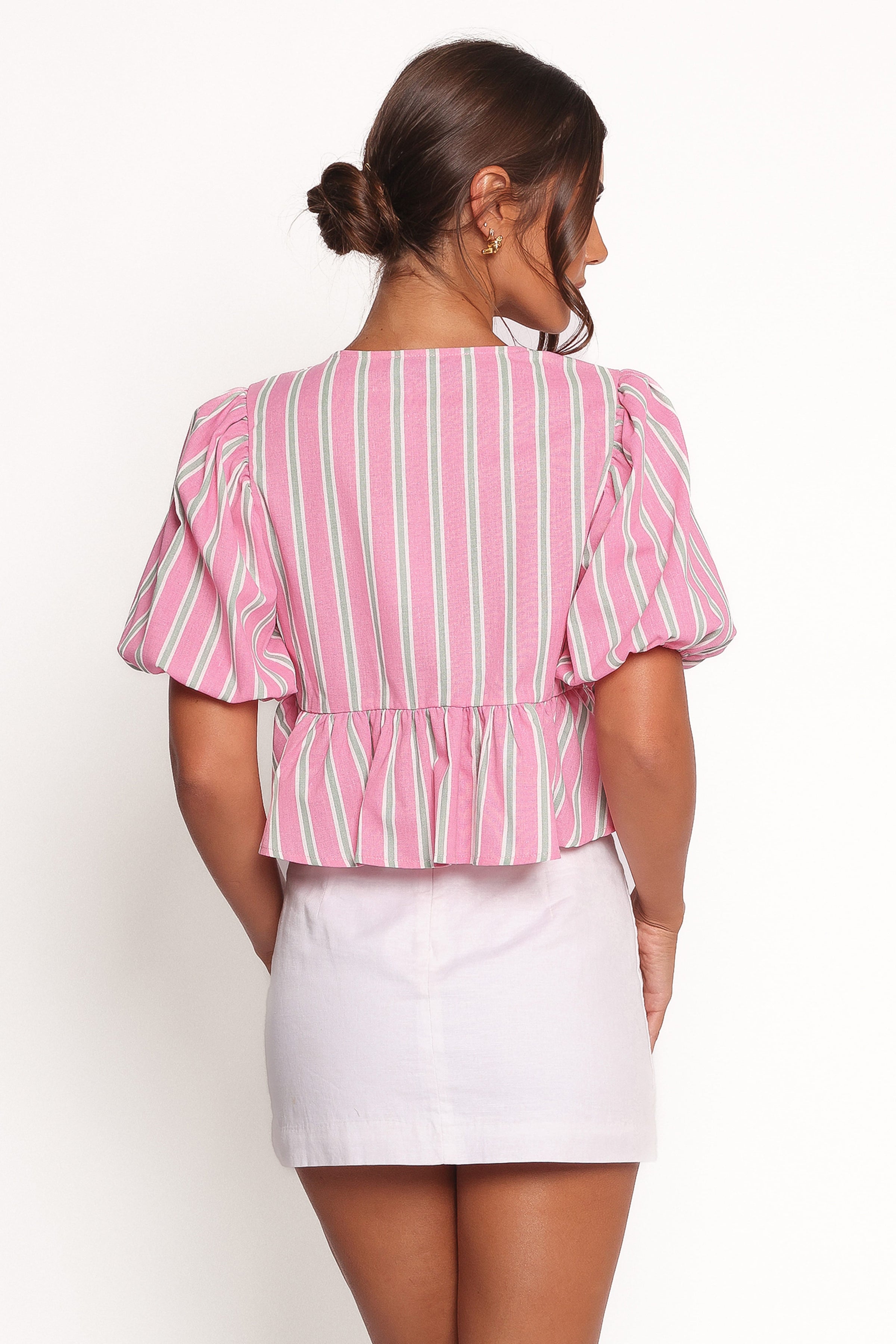 TOPS Ashton Tie Front Top - Pink Green Stripe