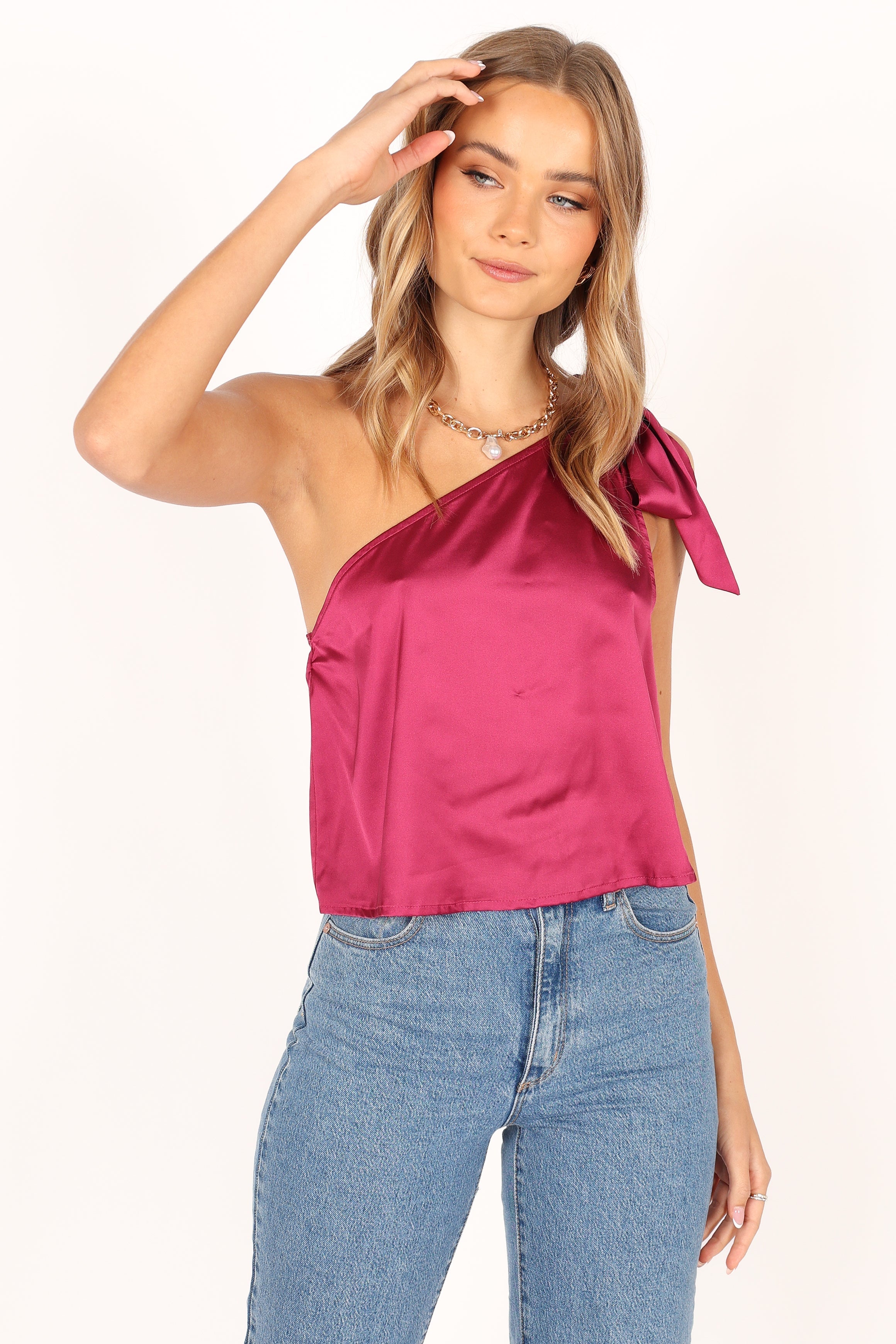 TOPS @Audrey One Shoulder Top - Berry