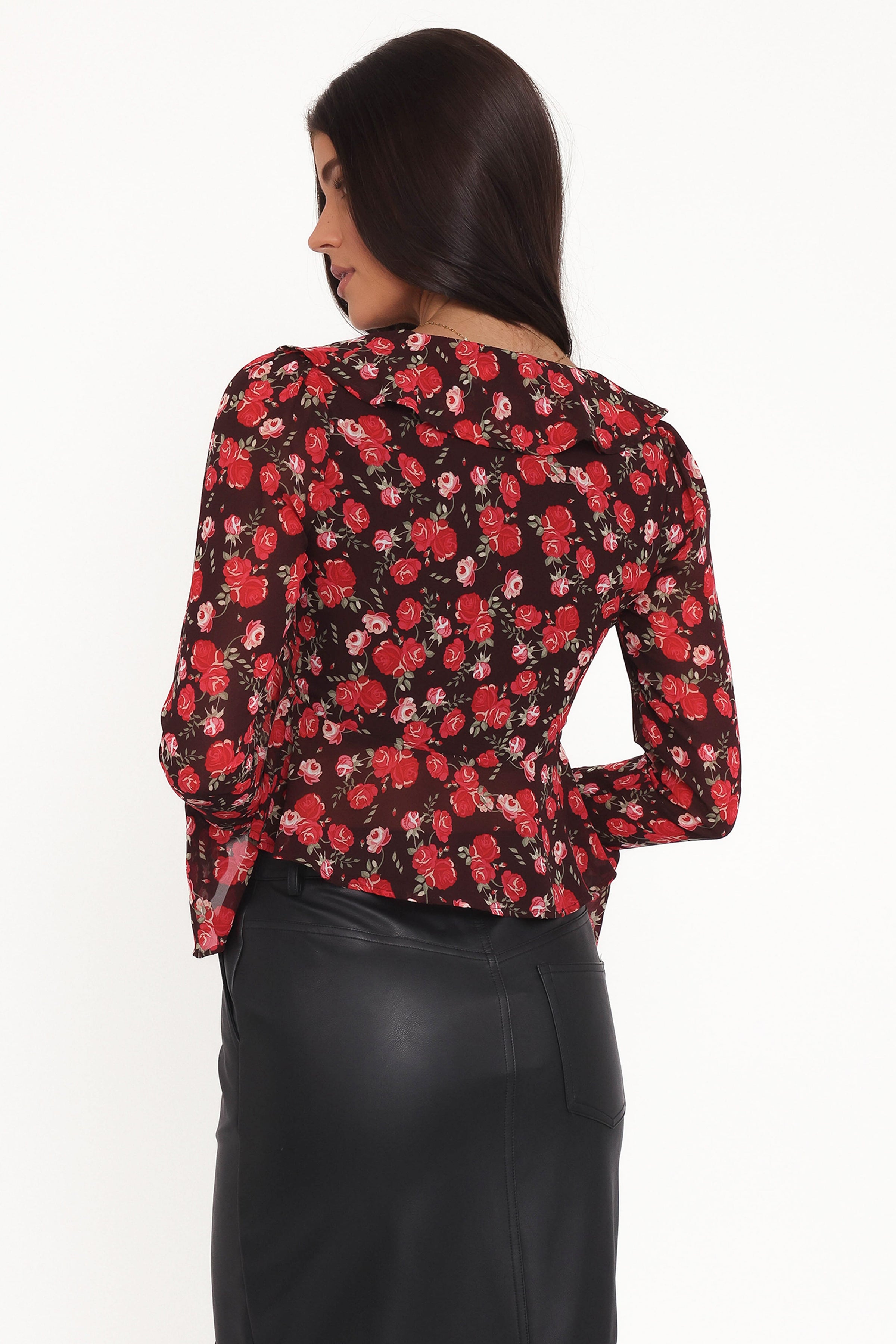 TOPS Aveline Chiffon Ruffle Front Top - Brown Floral