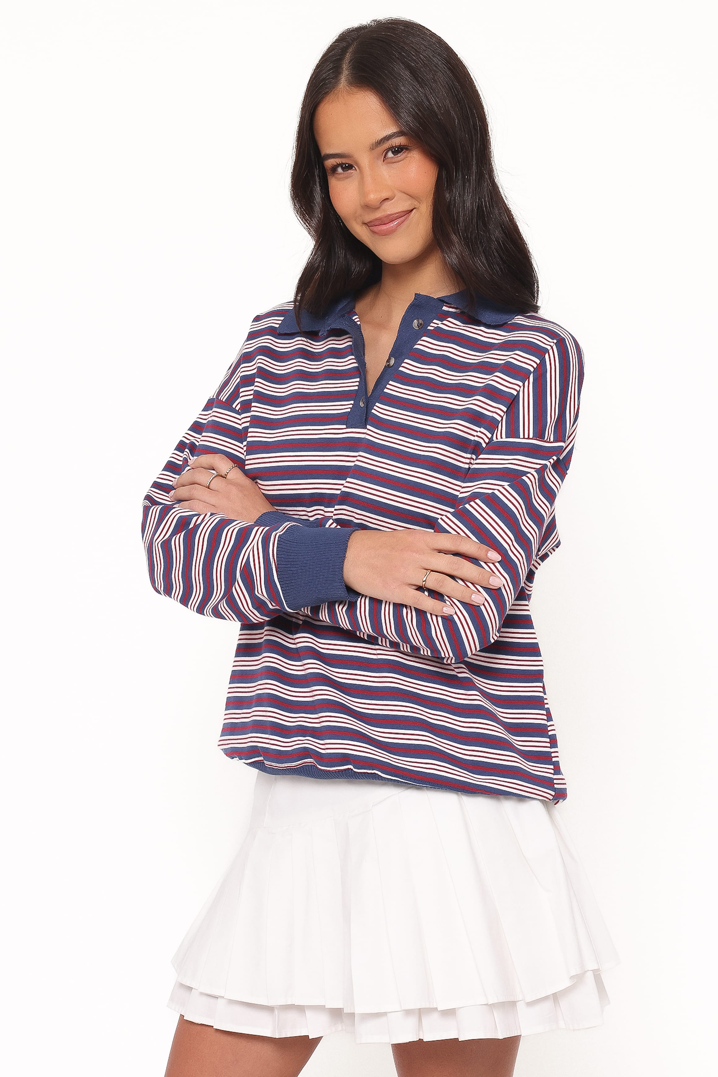 TOPS Beau Long Sleeve Jersey Top - Navy Stripe