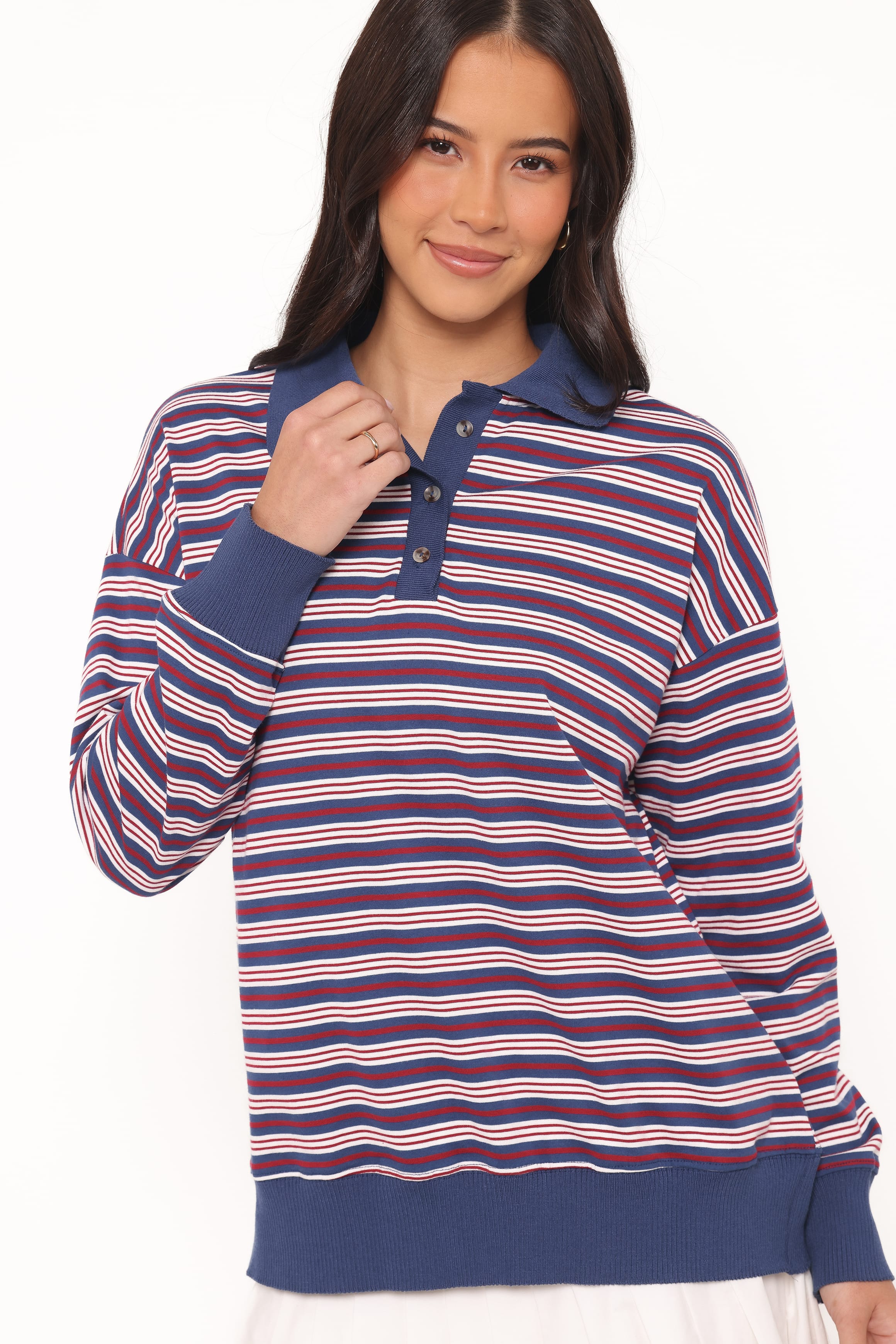 TOPS Beau Long Sleeve Jersey Top - Navy Stripe
