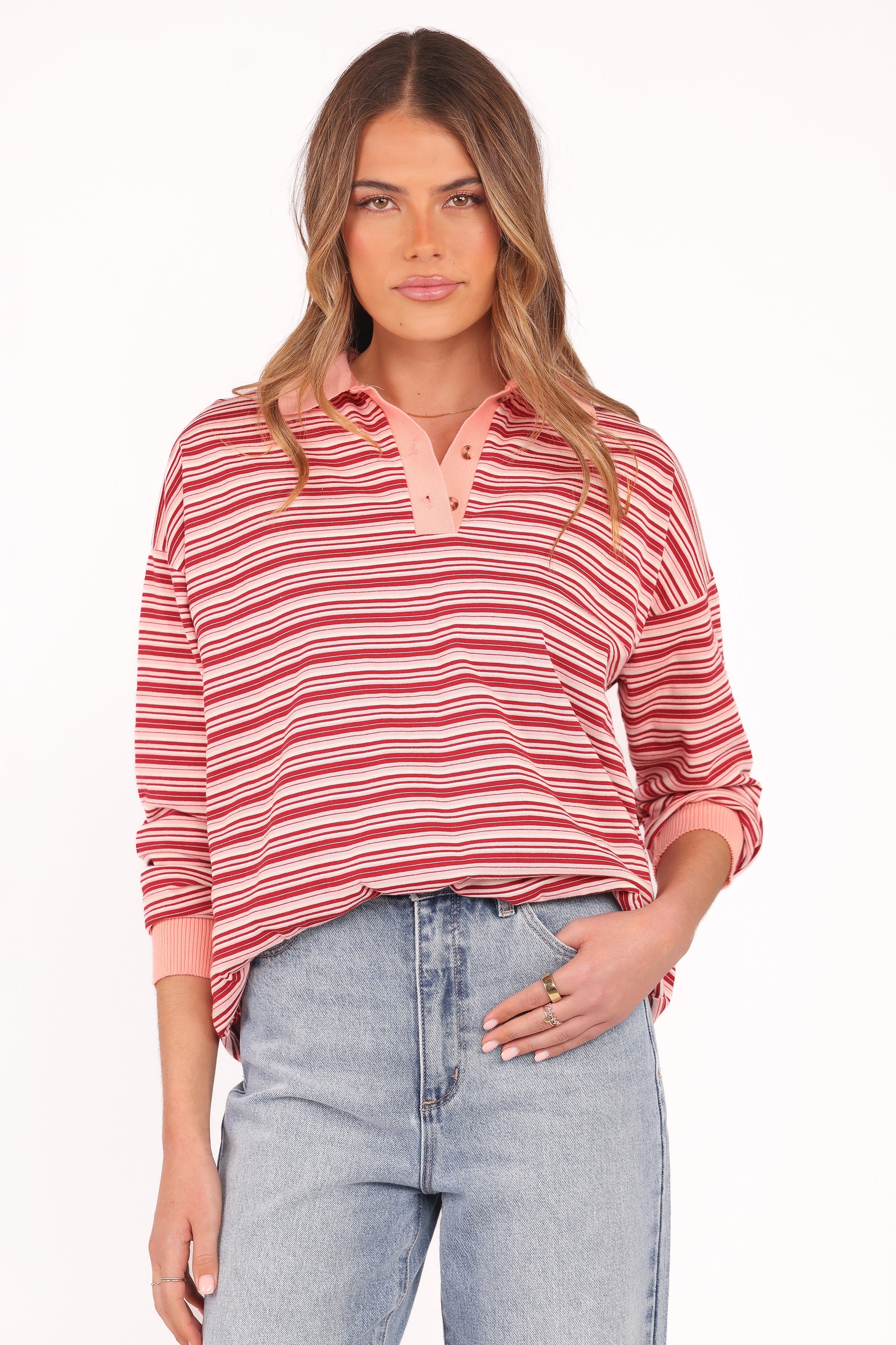 TOPS Beau Long Sleeve Jersey Top - Pink Stripe