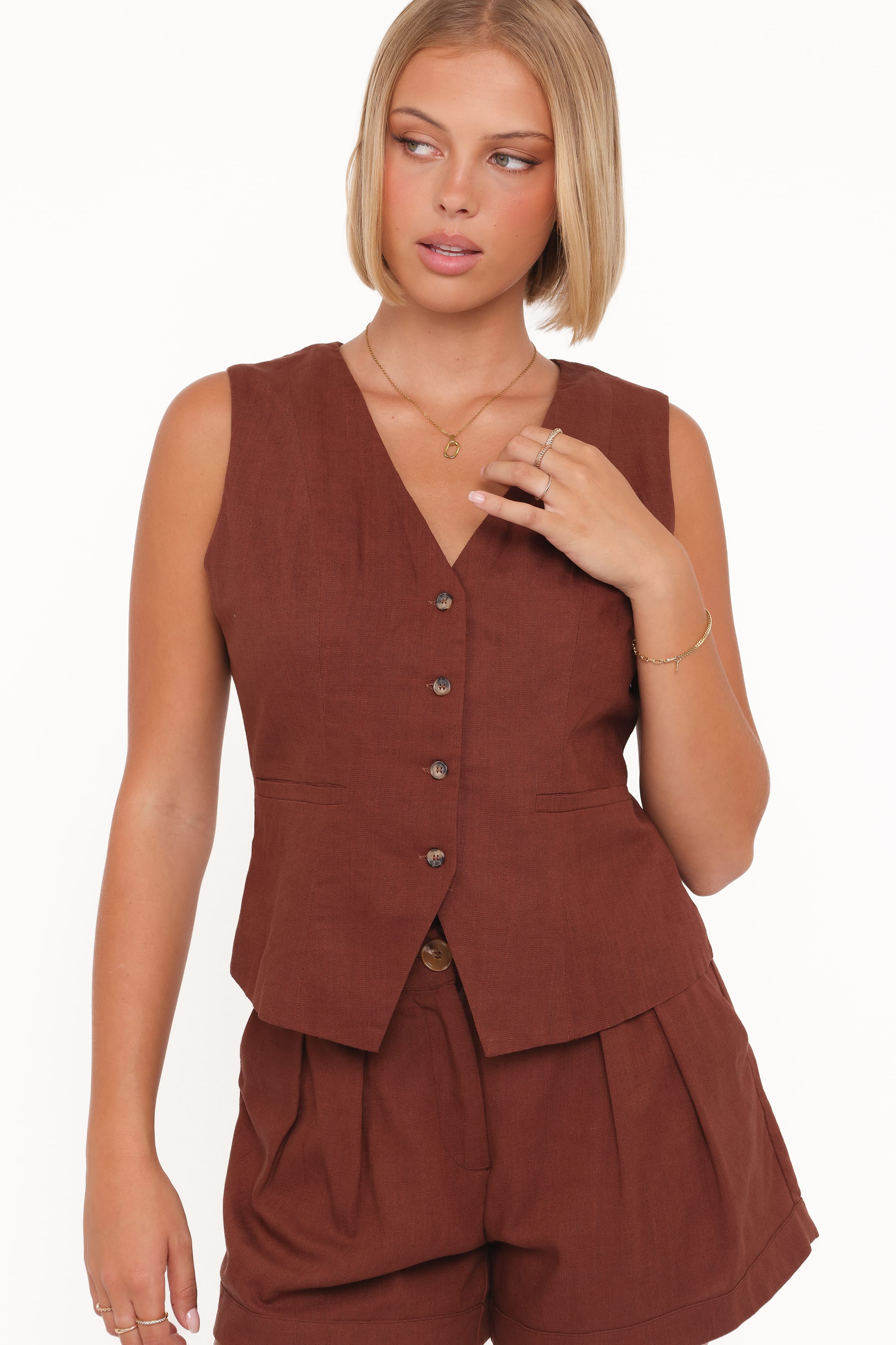 TOPS Bell Linen Vest - Brown
