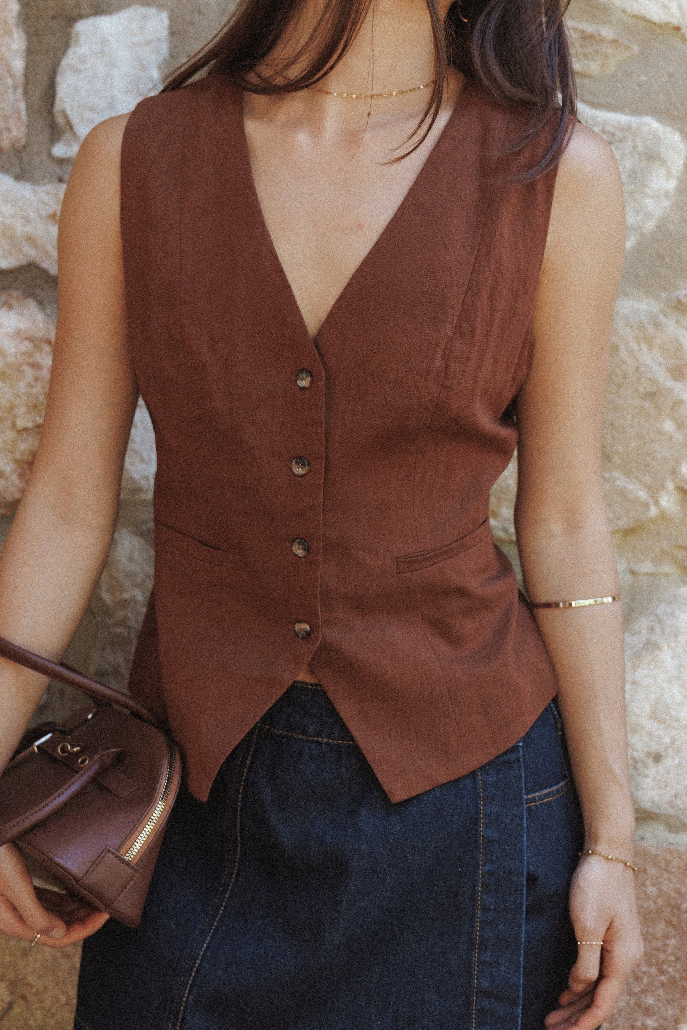 TOPS Bell Linen Vest - Brown