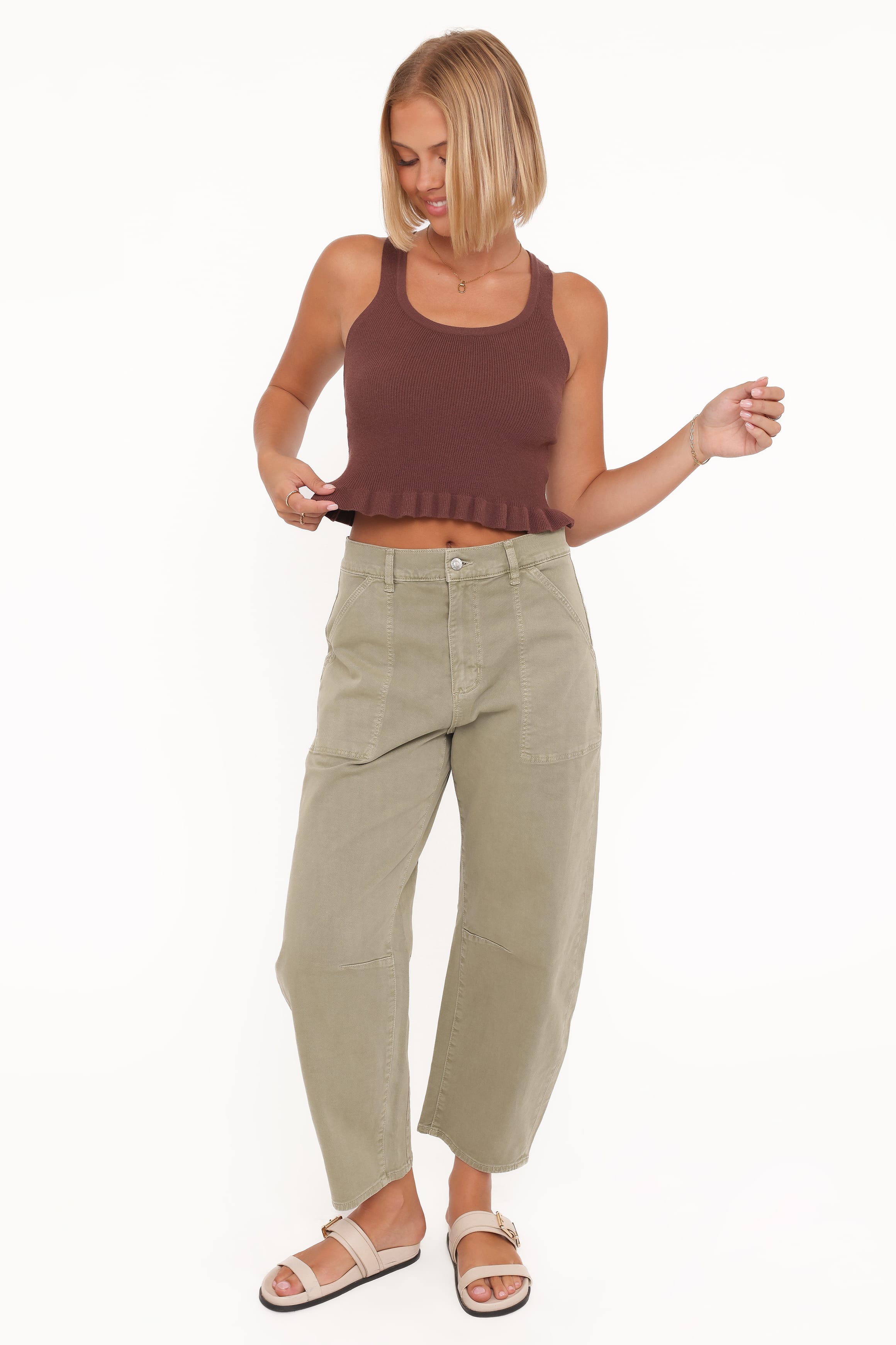 TOPS Berenice Ruffle Hem Knitted Top - Brown