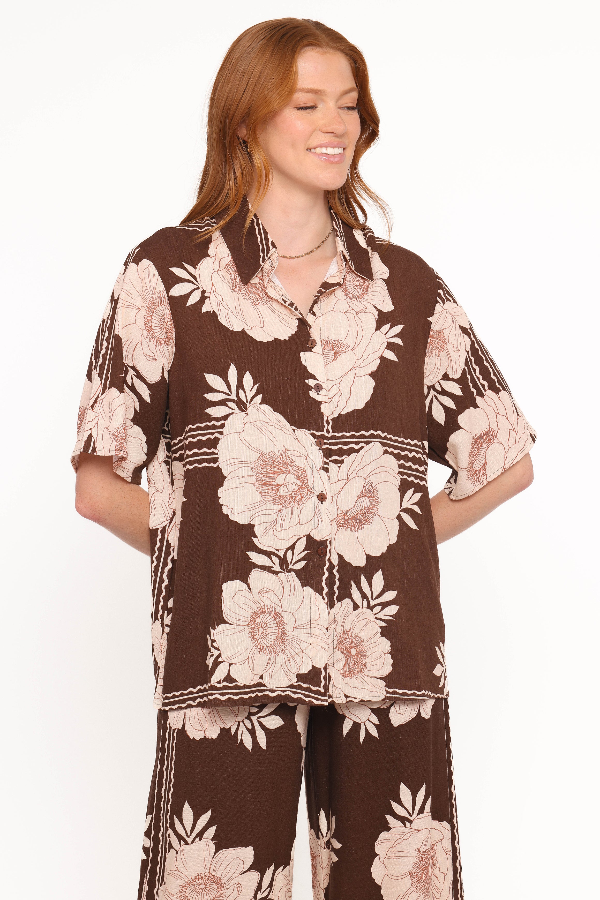 TOPS Bernadine Short Sleeve Shirt - Brown Floral
