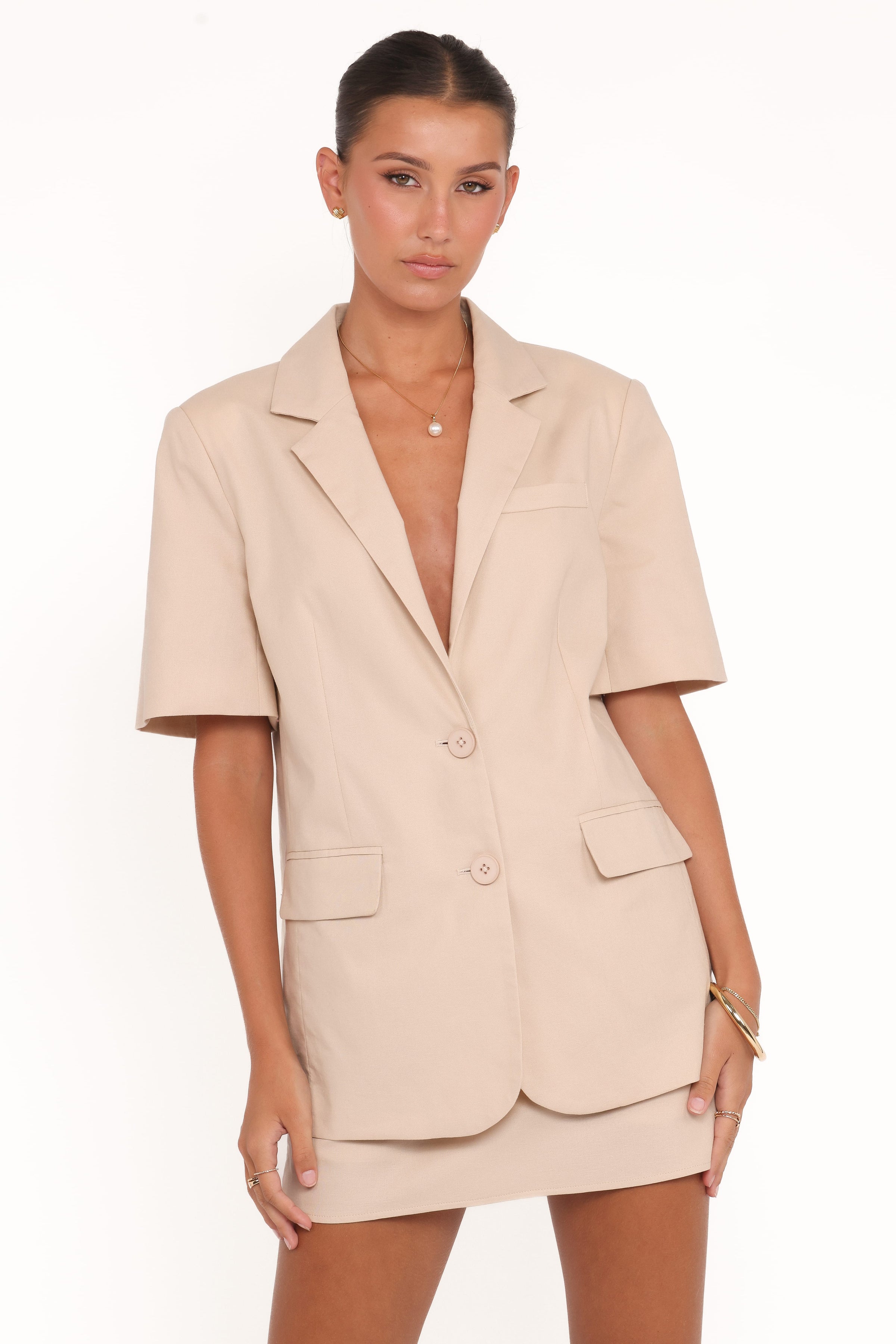 TOPS Brielle Short Sleeve Blazer Top - Beige