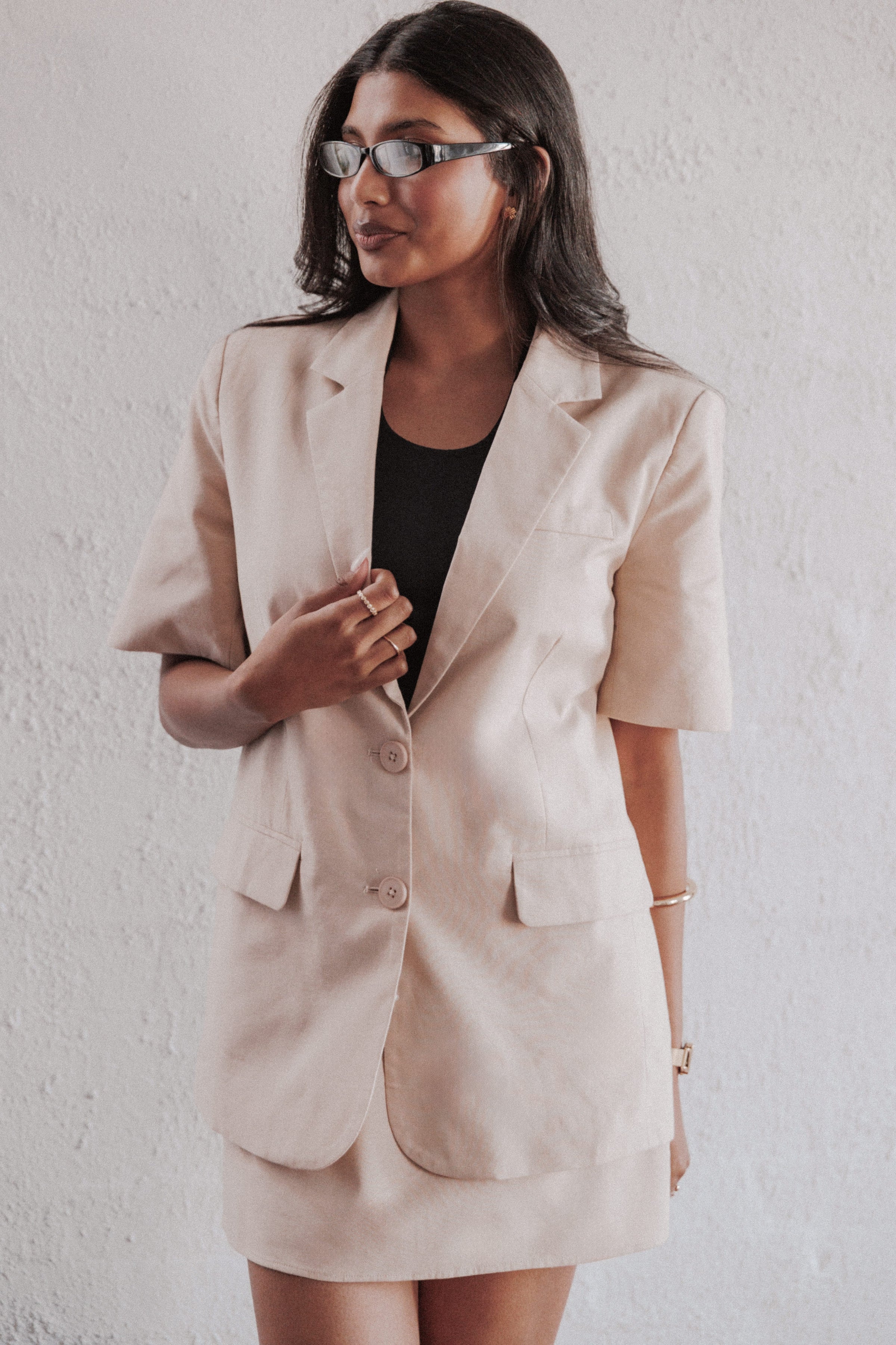 TOPS Brielle Short Sleeve Blazer Top - Beige