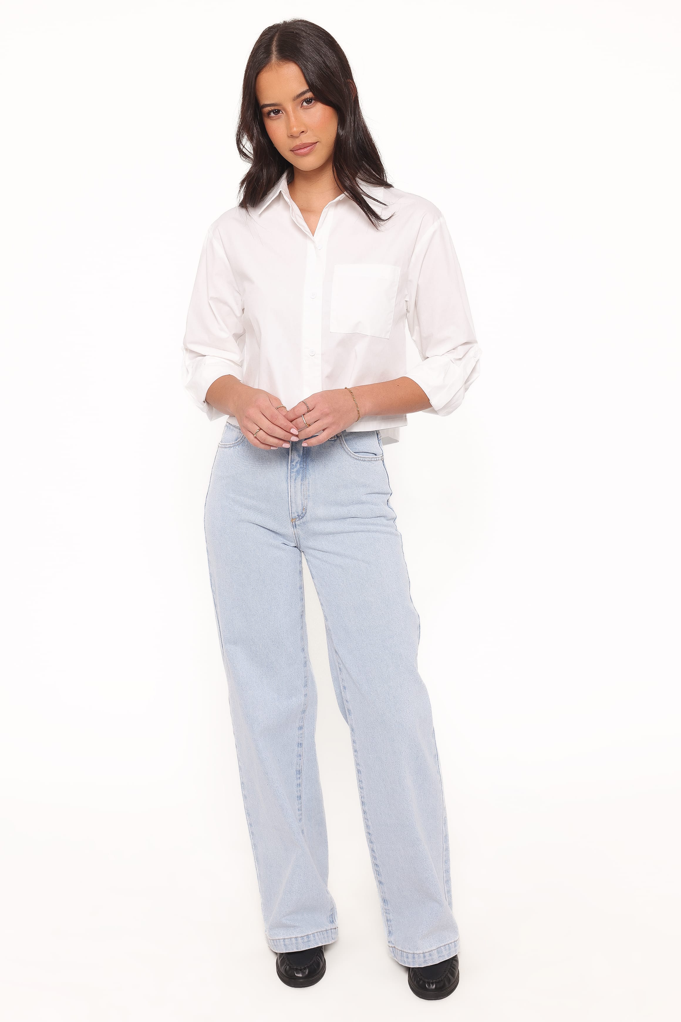 TOPS Bronagh Cropped Button Up Shirt - White