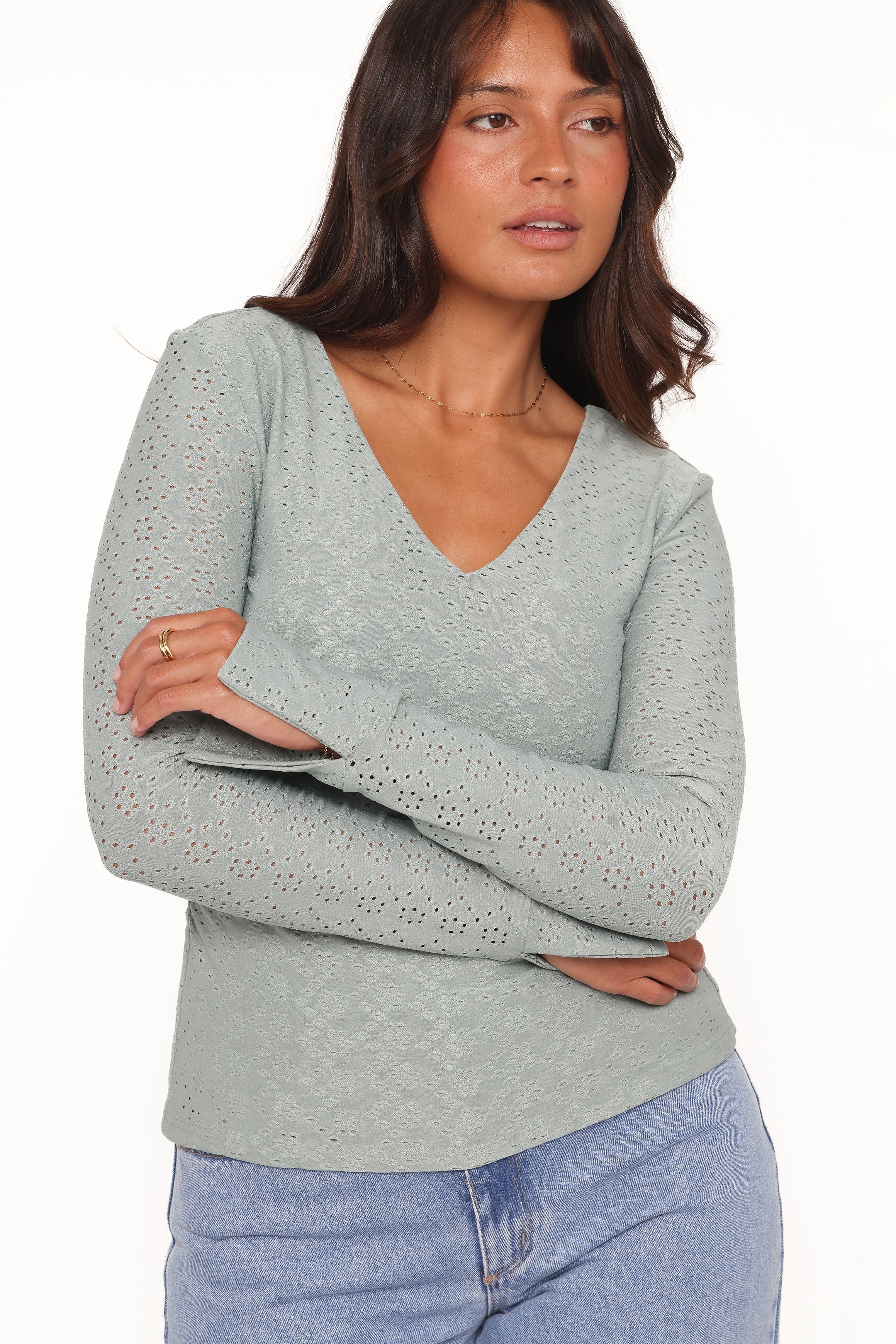TOPS Brooklyn Eyelet Top - Dusty Sage
