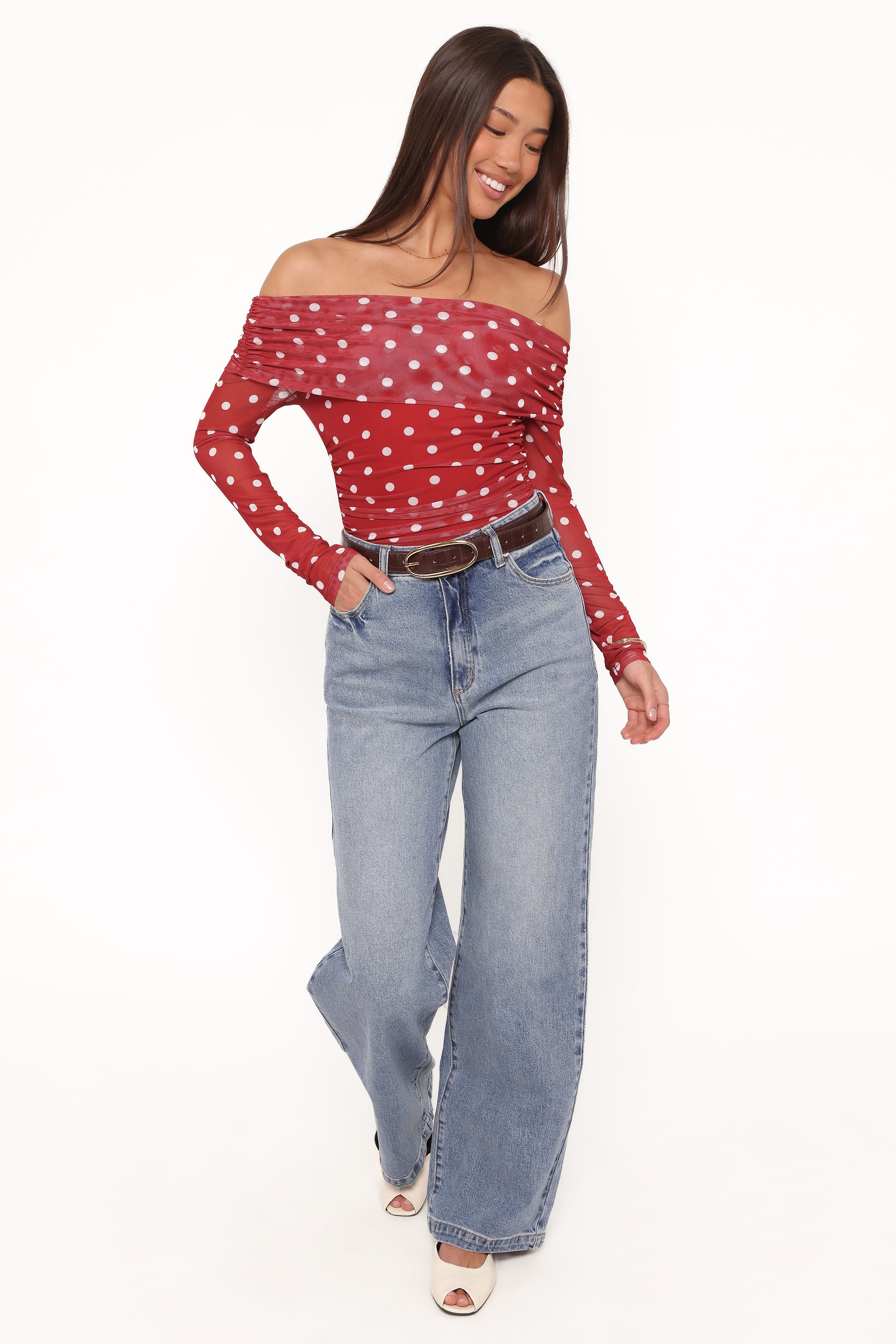 TOPS Caelira Off Shoulder Top - Red Polka Dot