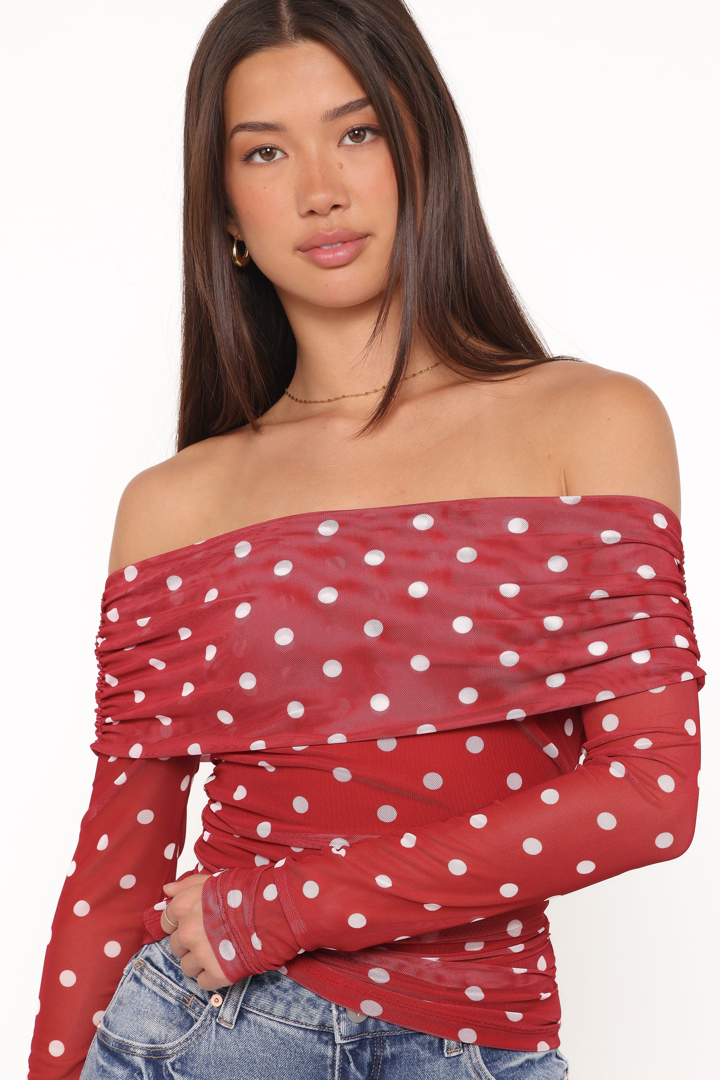 TOPS Caelira Off Shoulder Top - Red Polka Dot