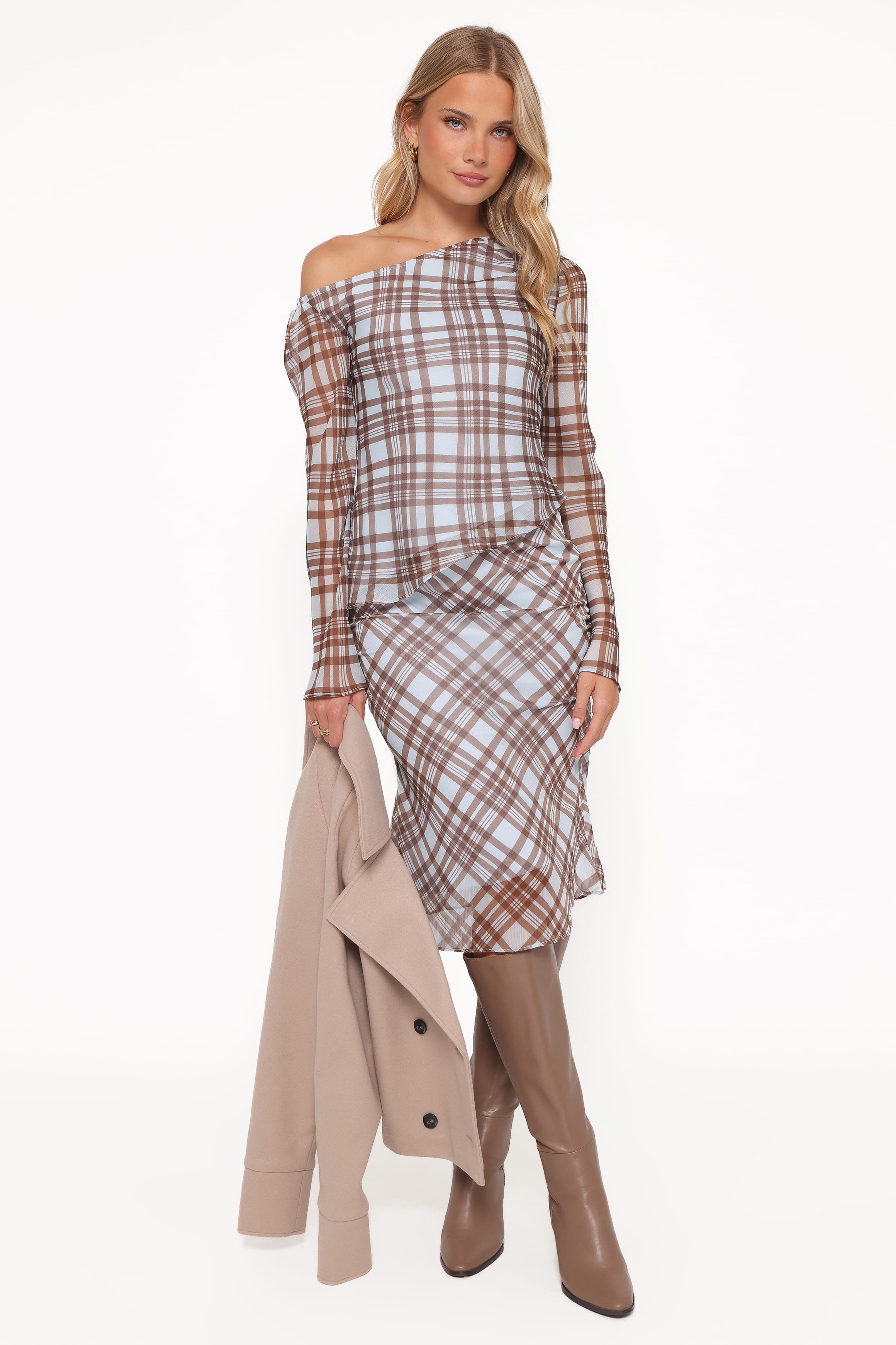 TOPS Caitriona Cowl Neck Top - Blue Plaid