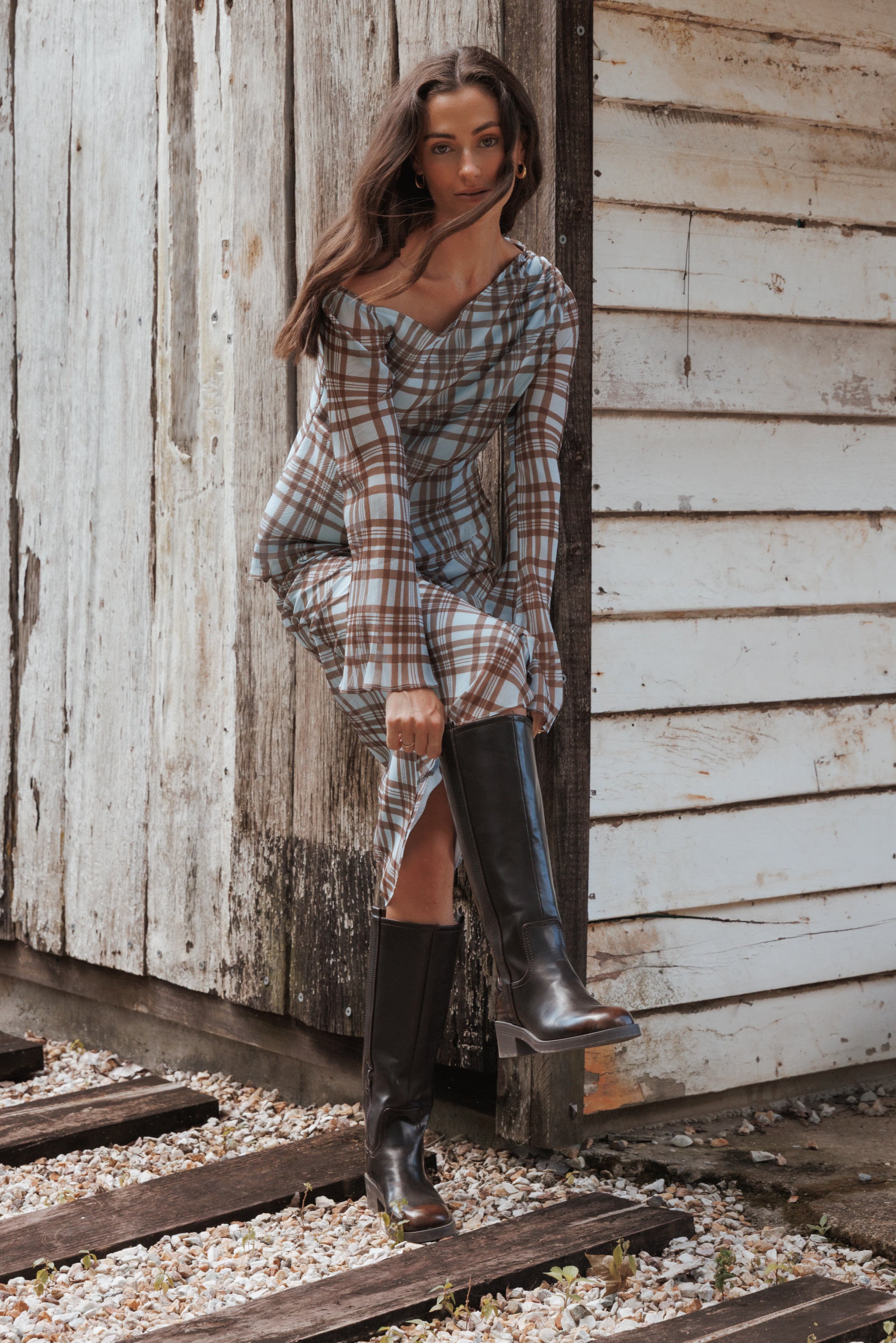 TOPS Caitriona Cowl Neck Top - Blue Plaid