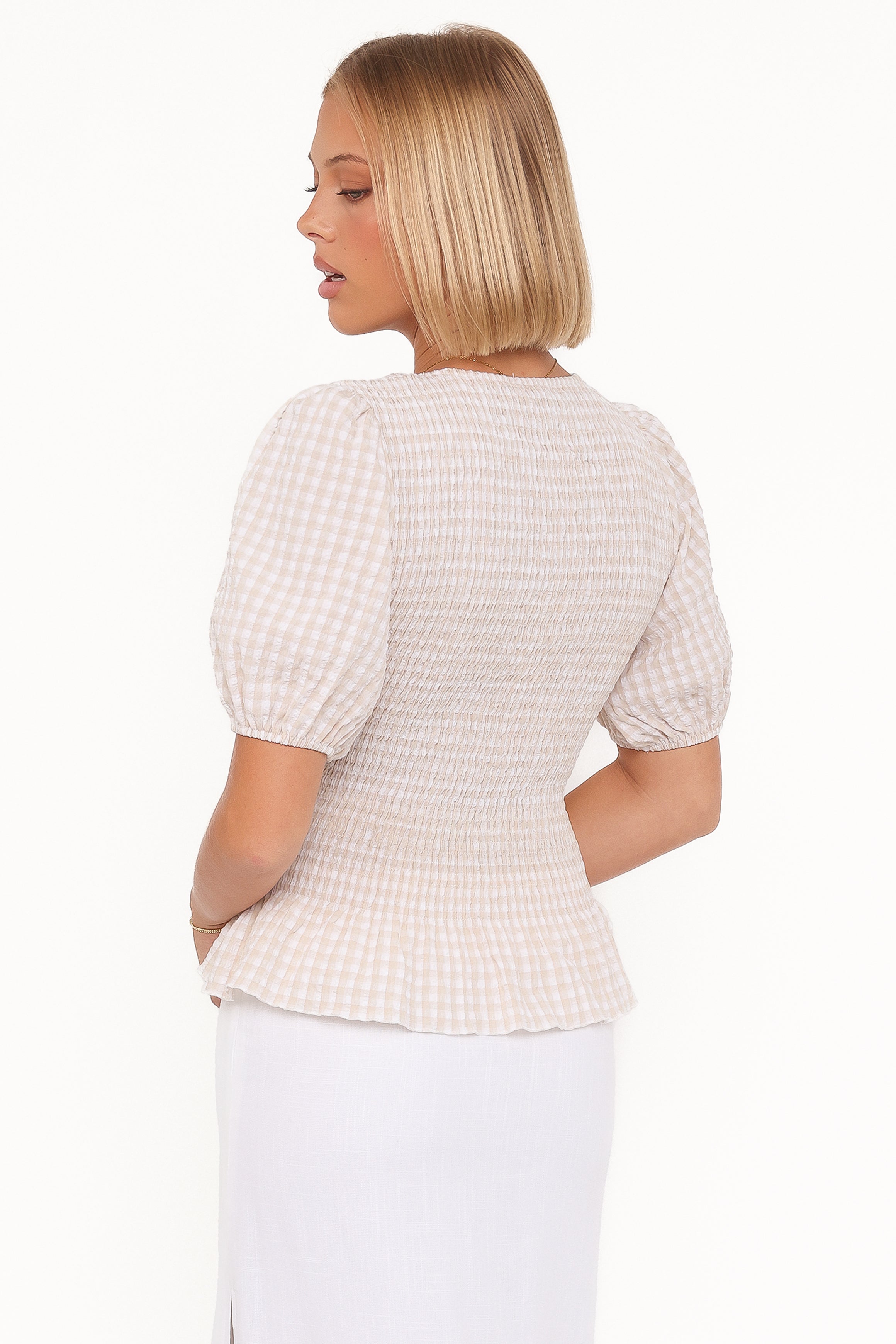 TOPS Callista Shirred Waist Top - Beige Gingham