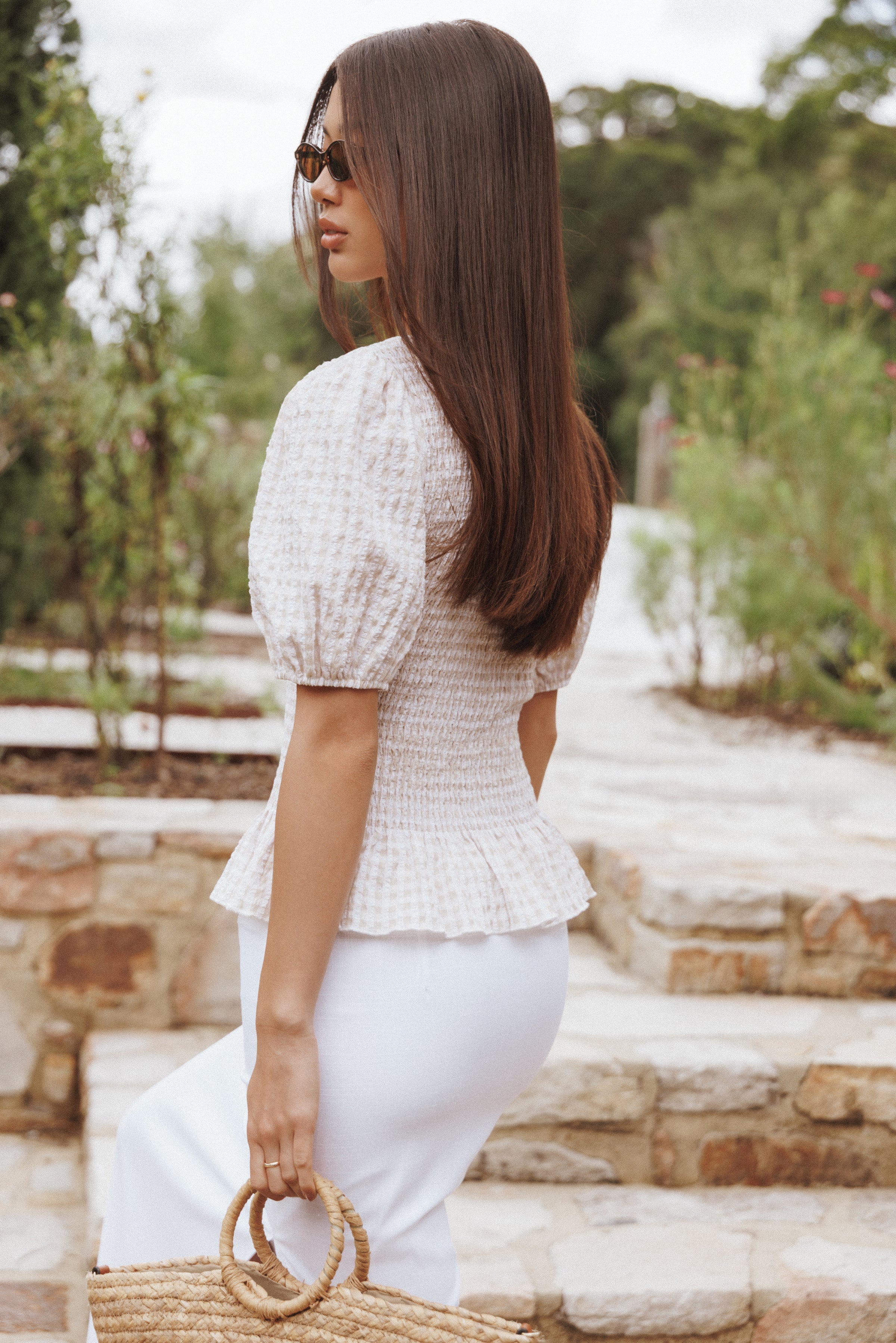 TOPS Callista Shirred Waist Top - Beige Gingham