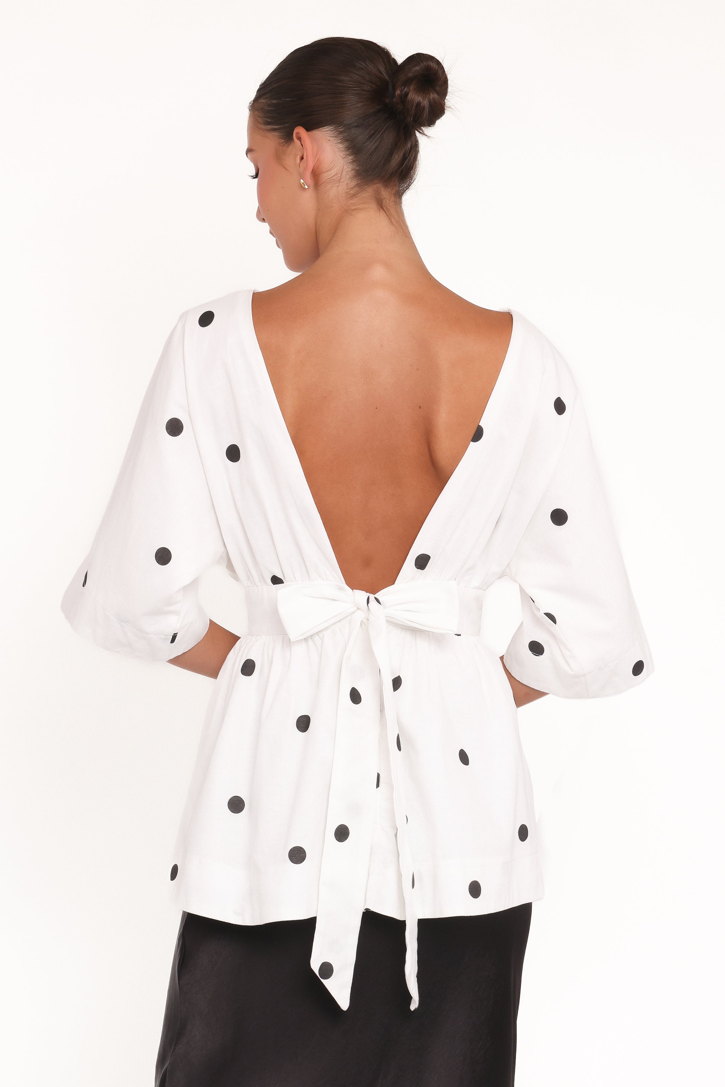 TOPS Camila Open Back Top - White Black Polka Dot