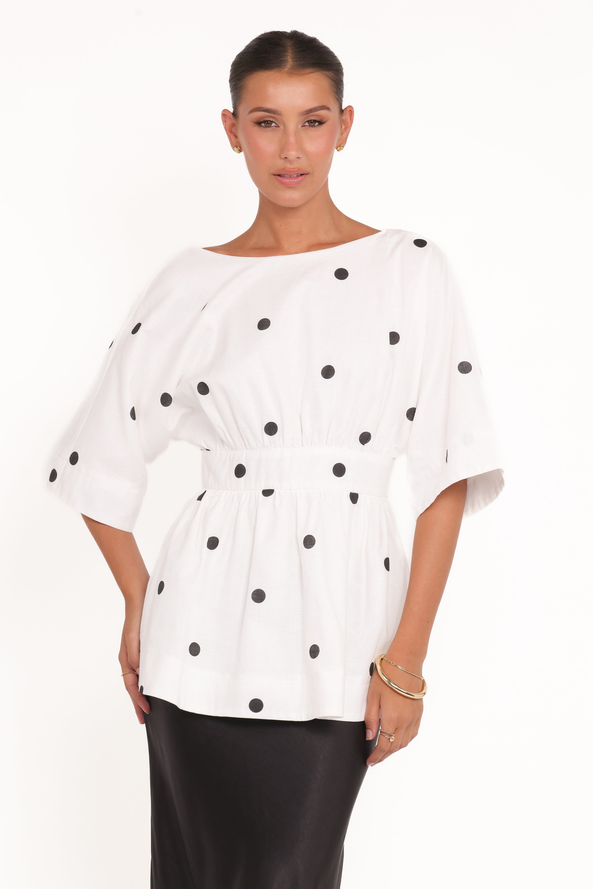 TOPS Camila Open Back Top - White Black Polka Dot