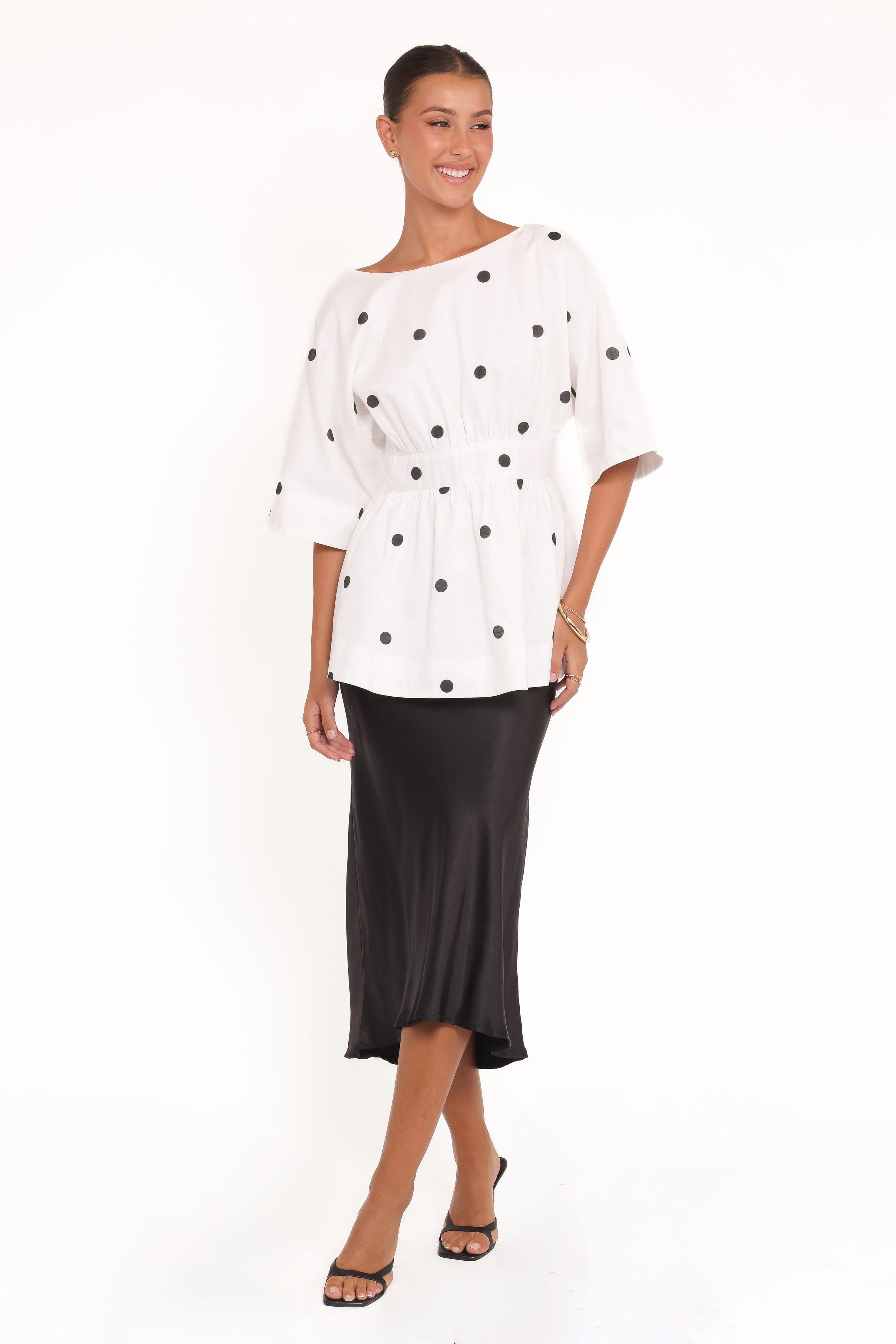 TOPS Camila Open Back Top - White Black Polka Dot