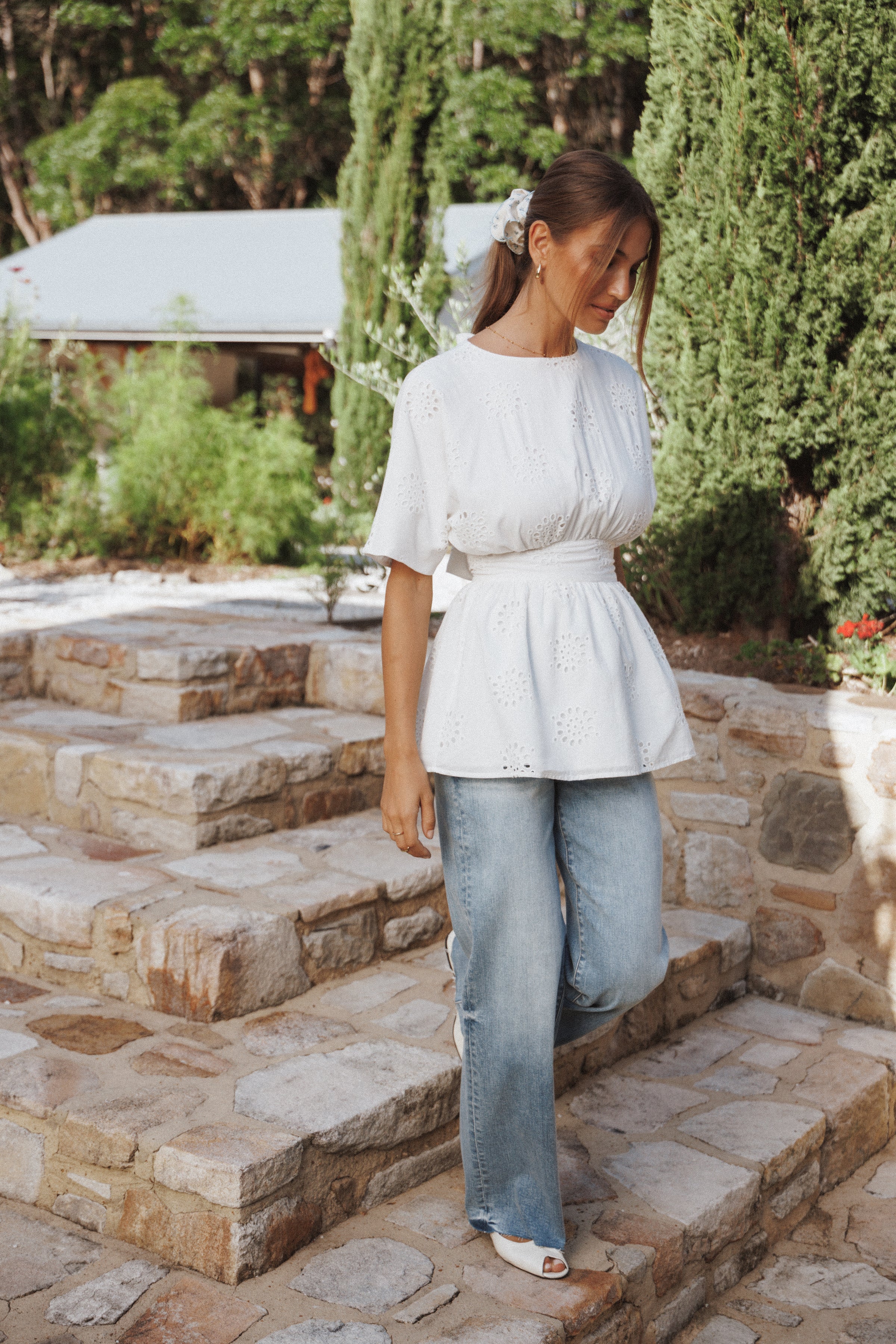 TOPS Carmel Tie Back Tunic Top - White Embroidery