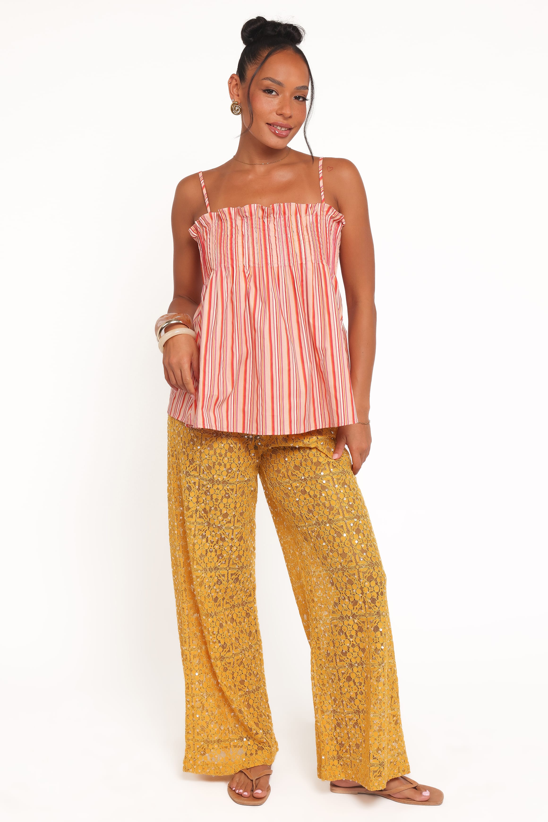 TOPS Carson Pleated Top - Peach Stripe