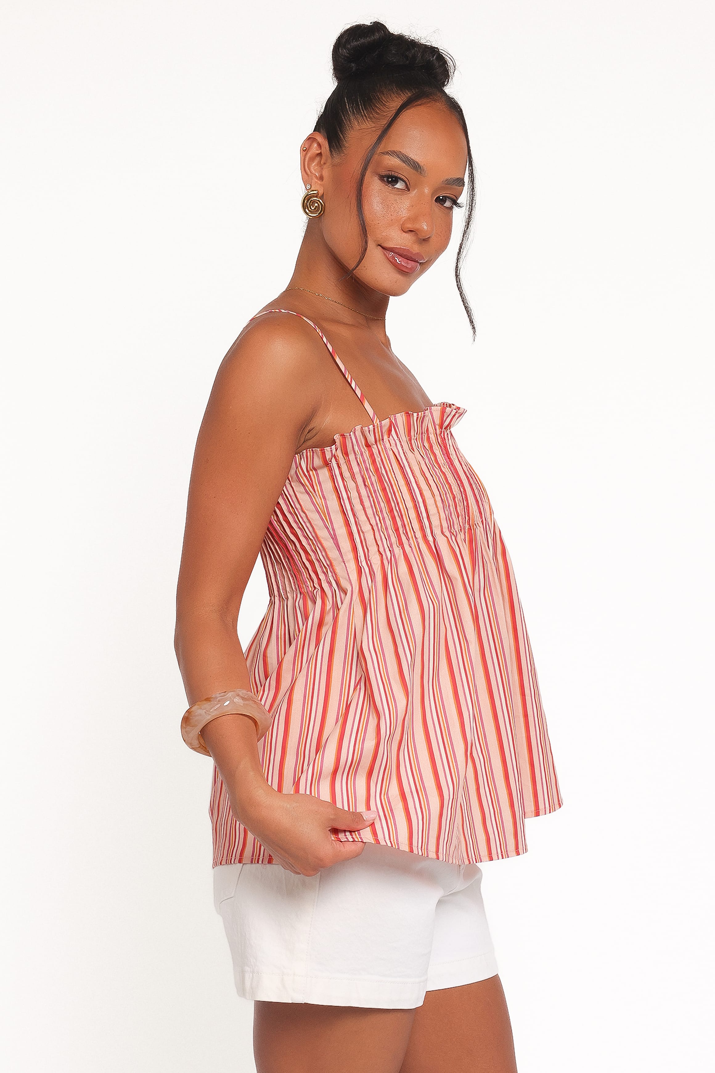 TOPS Carson Pleated Top - Peach Stripe