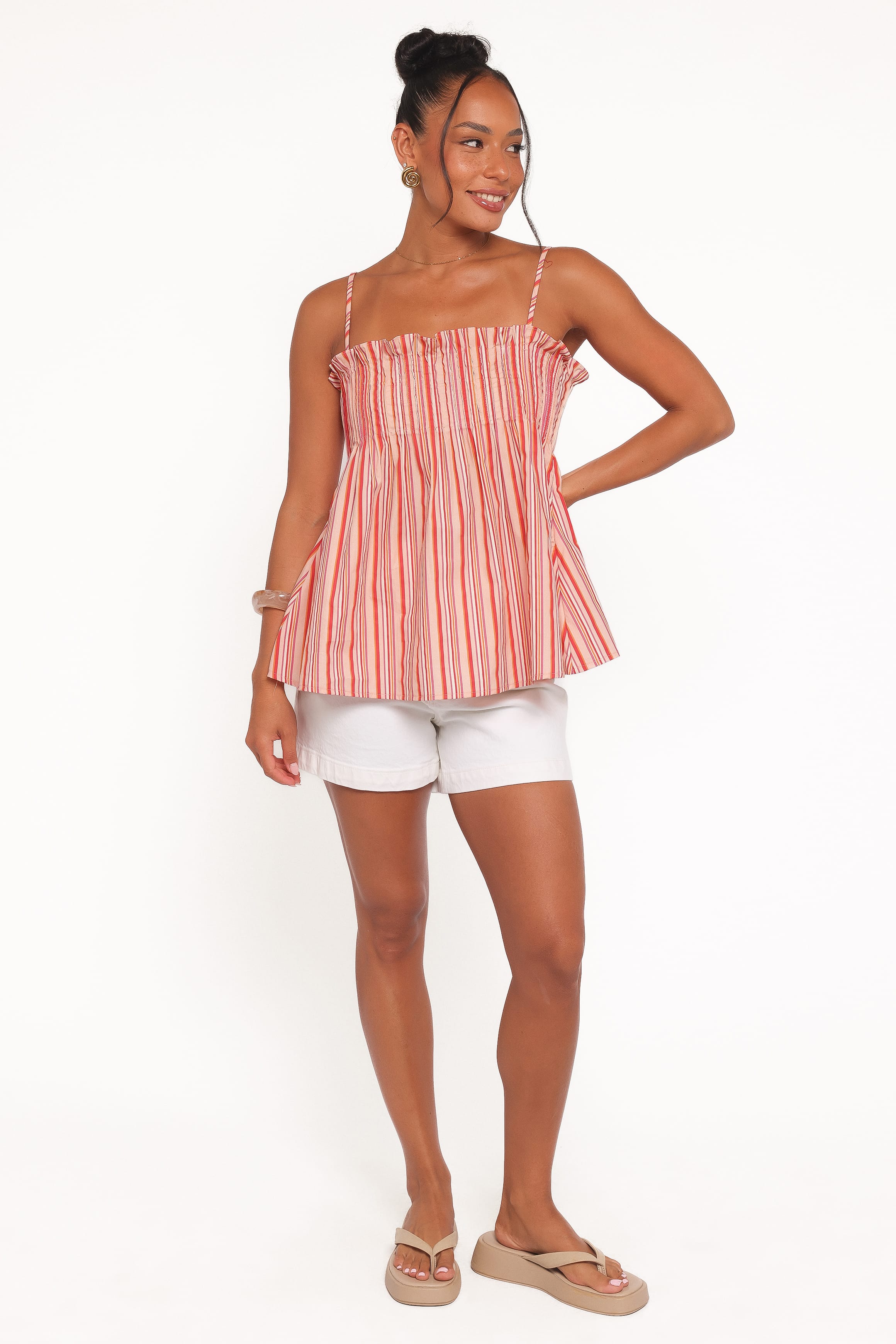 TOPS Carson Pleated Top - Peach Stripe