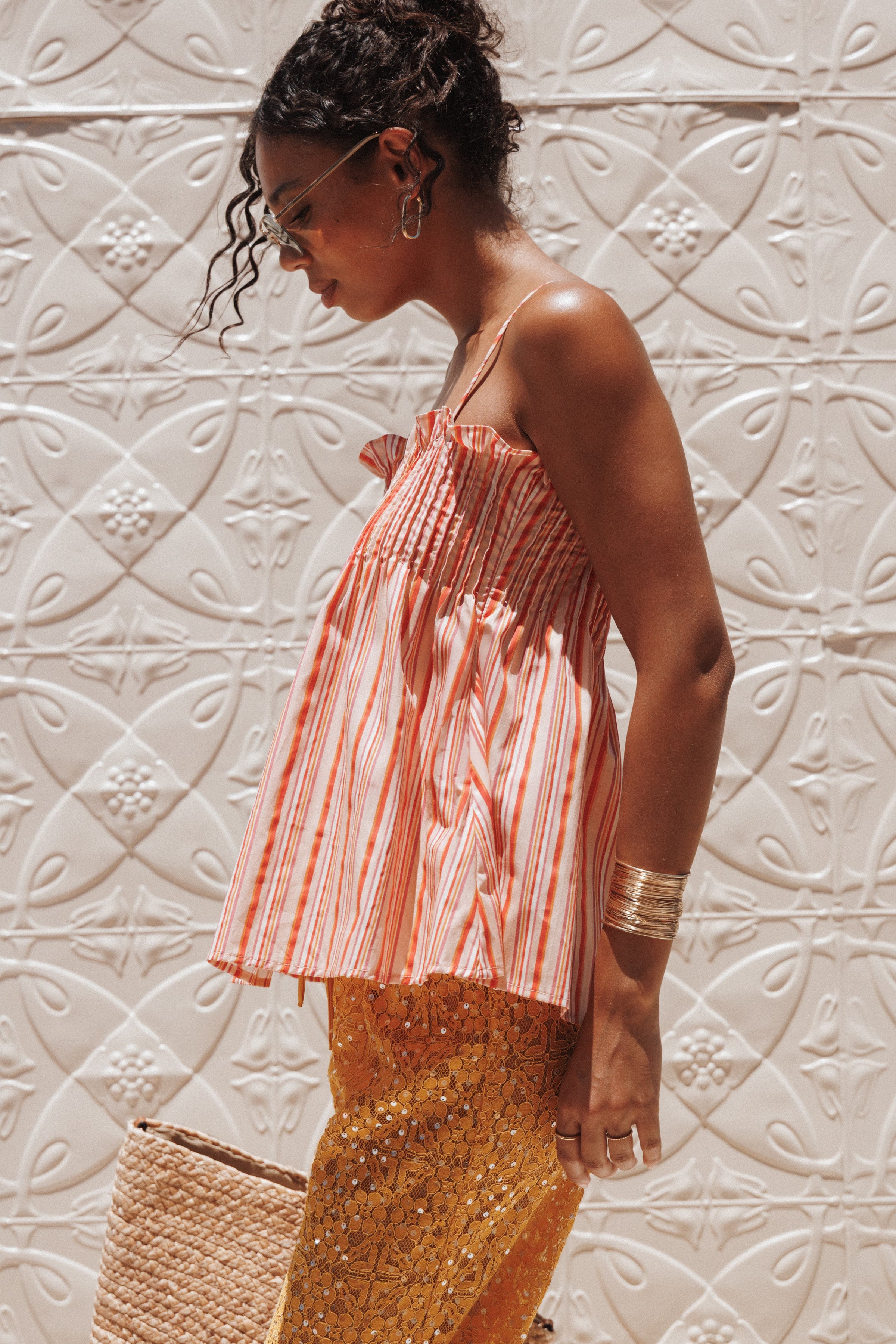 TOPS Carson Pleated Top - Peach Stripe