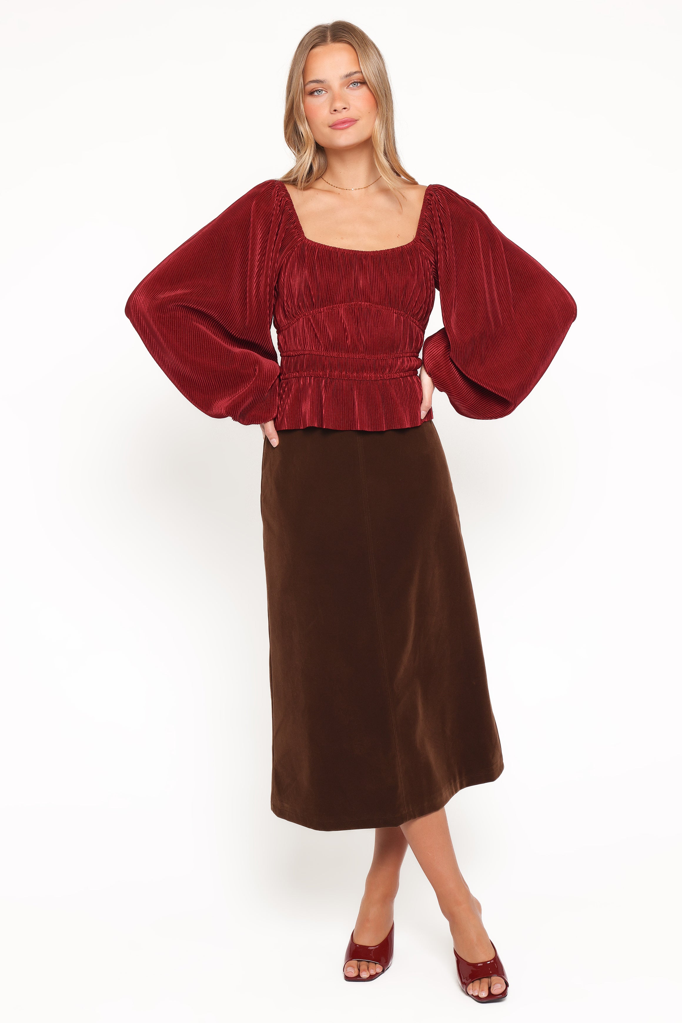 TOPS Ceppia Plisse Top - Burgundy