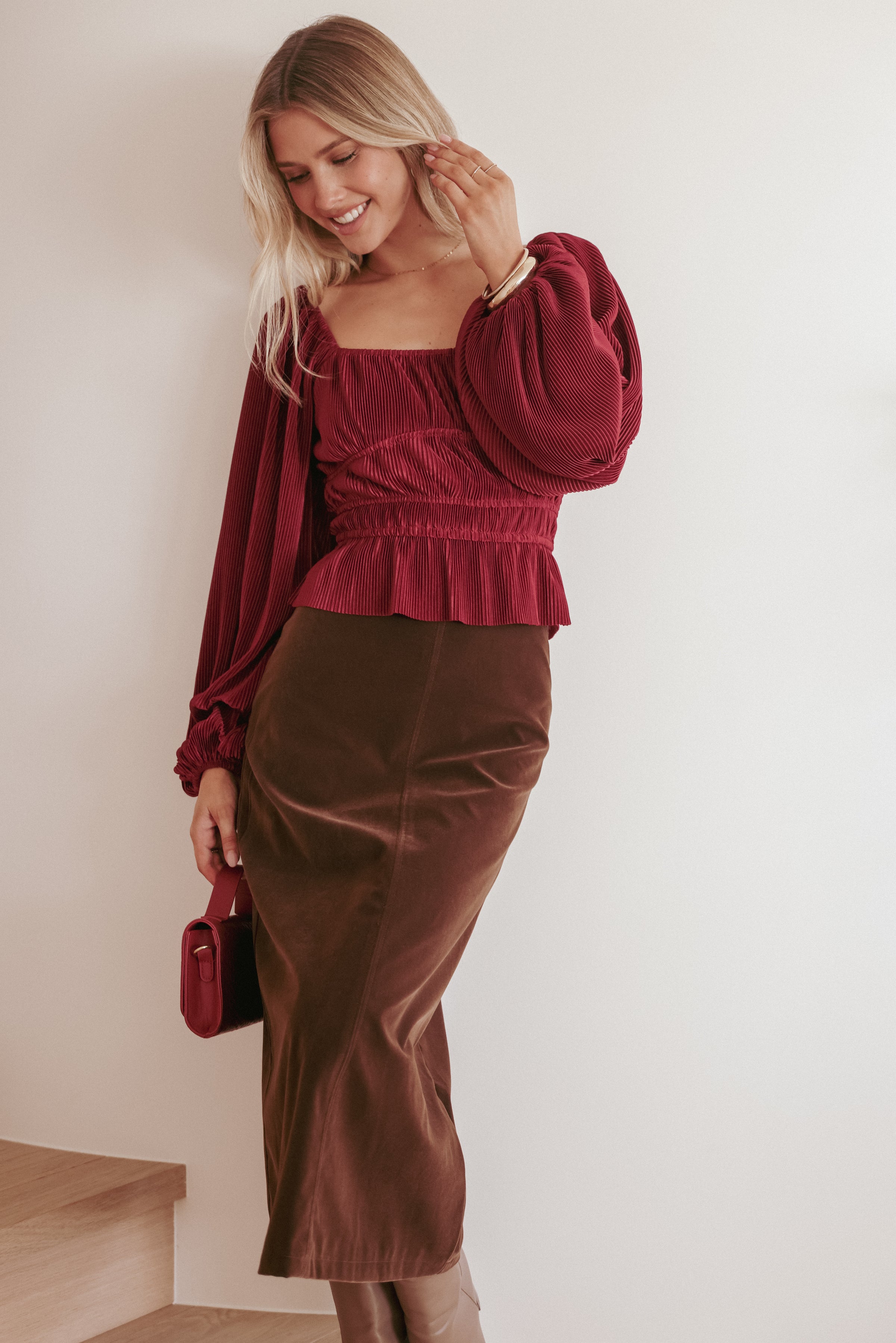 TOPS Ceppia Plisse Top - Burgundy