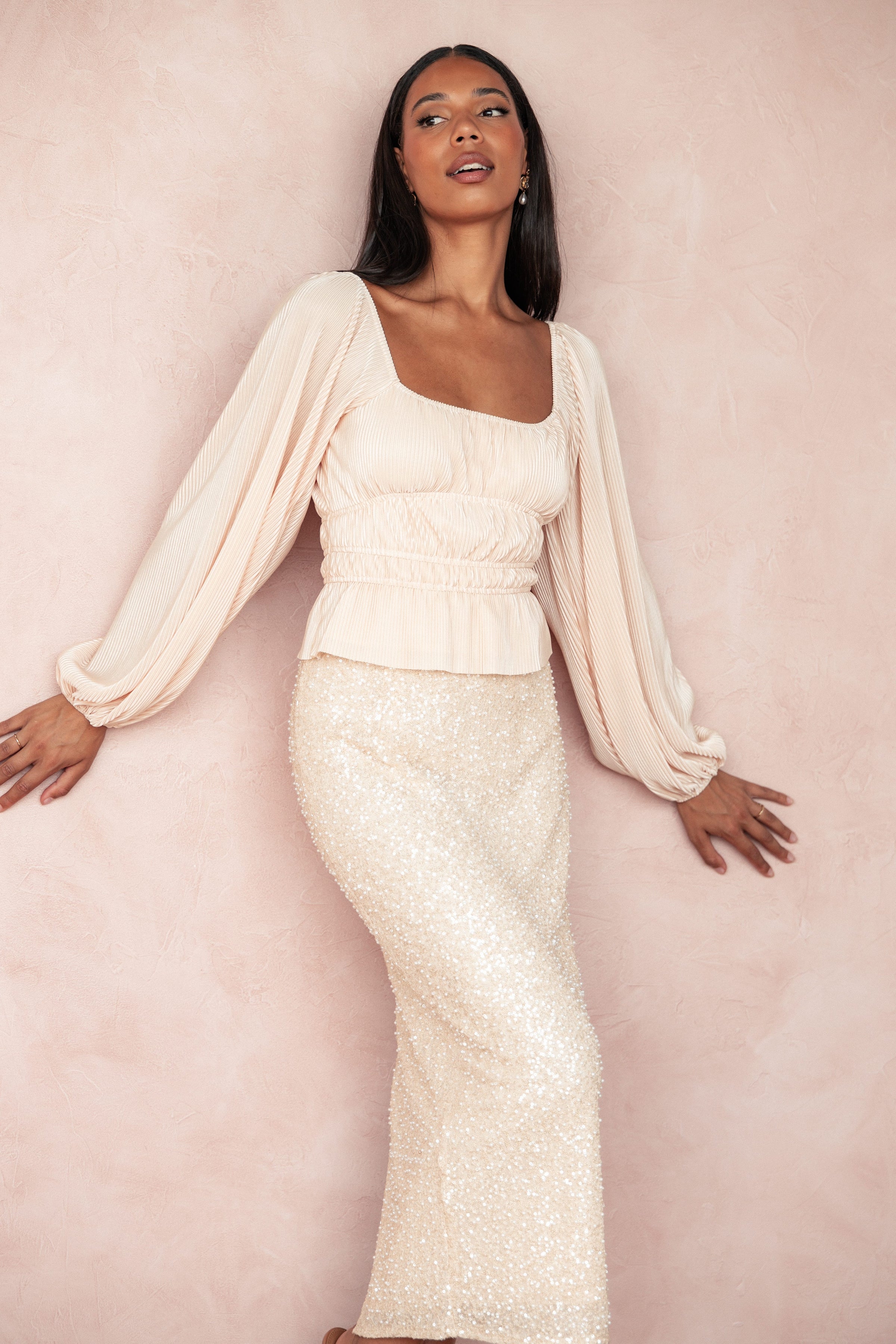 TOPS Ceppia Plisse Top - Light Peach