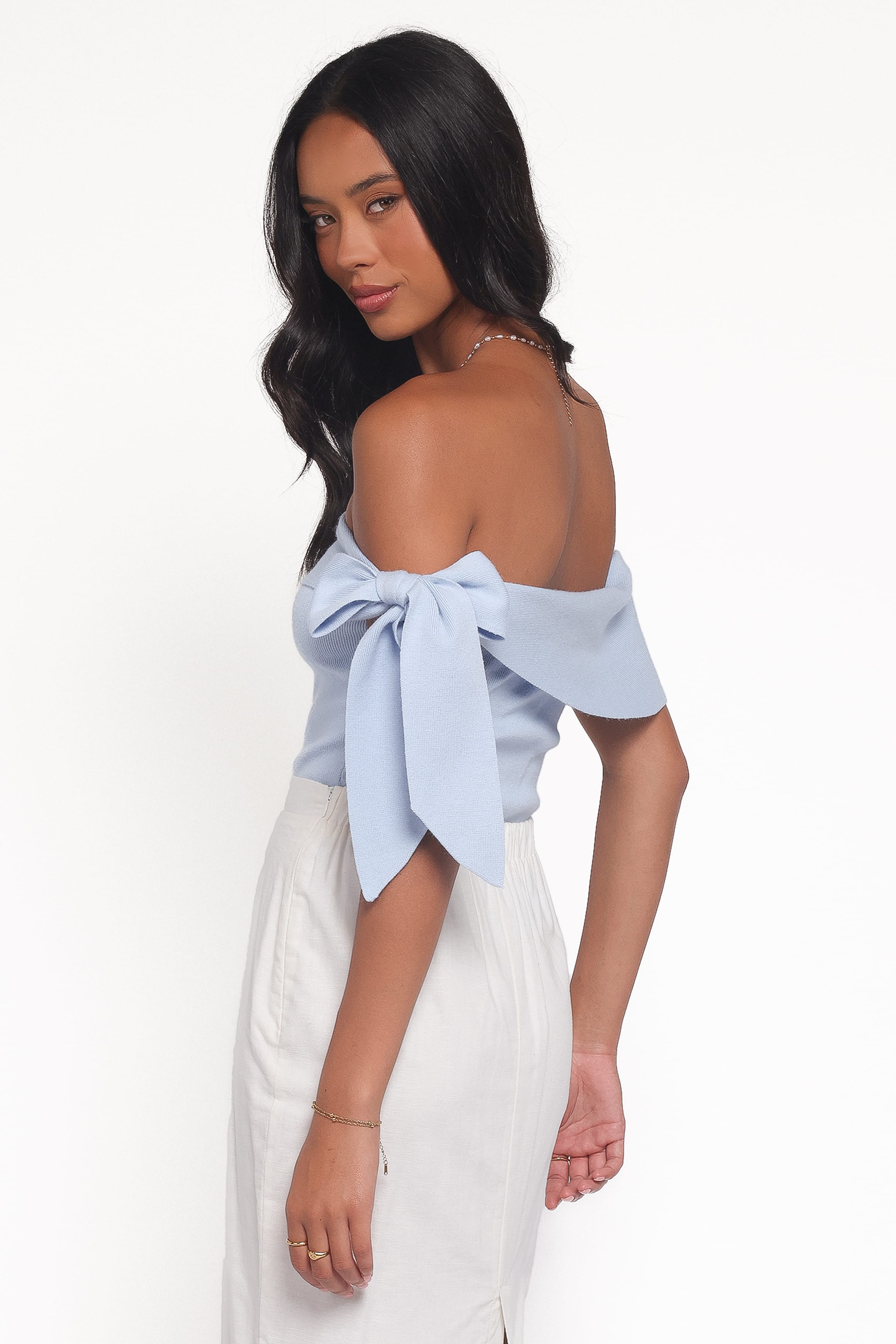 TOPS Charama Off Shoulder Knit Top - Blue