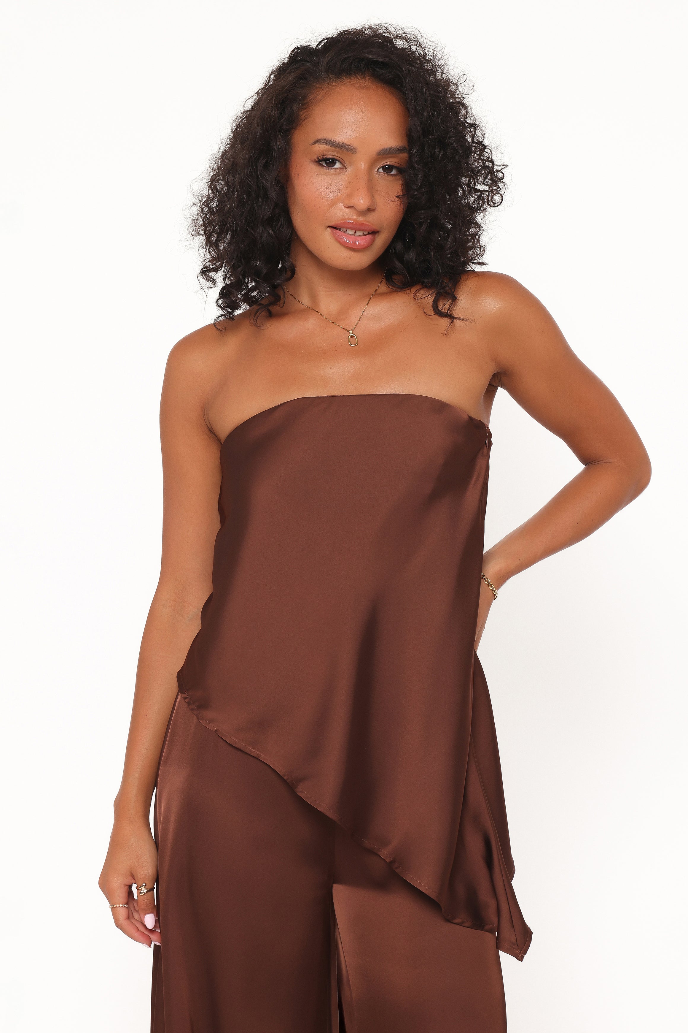 TOPS Charmer Asymmetrical Longline Strapless Top - Dark Brown